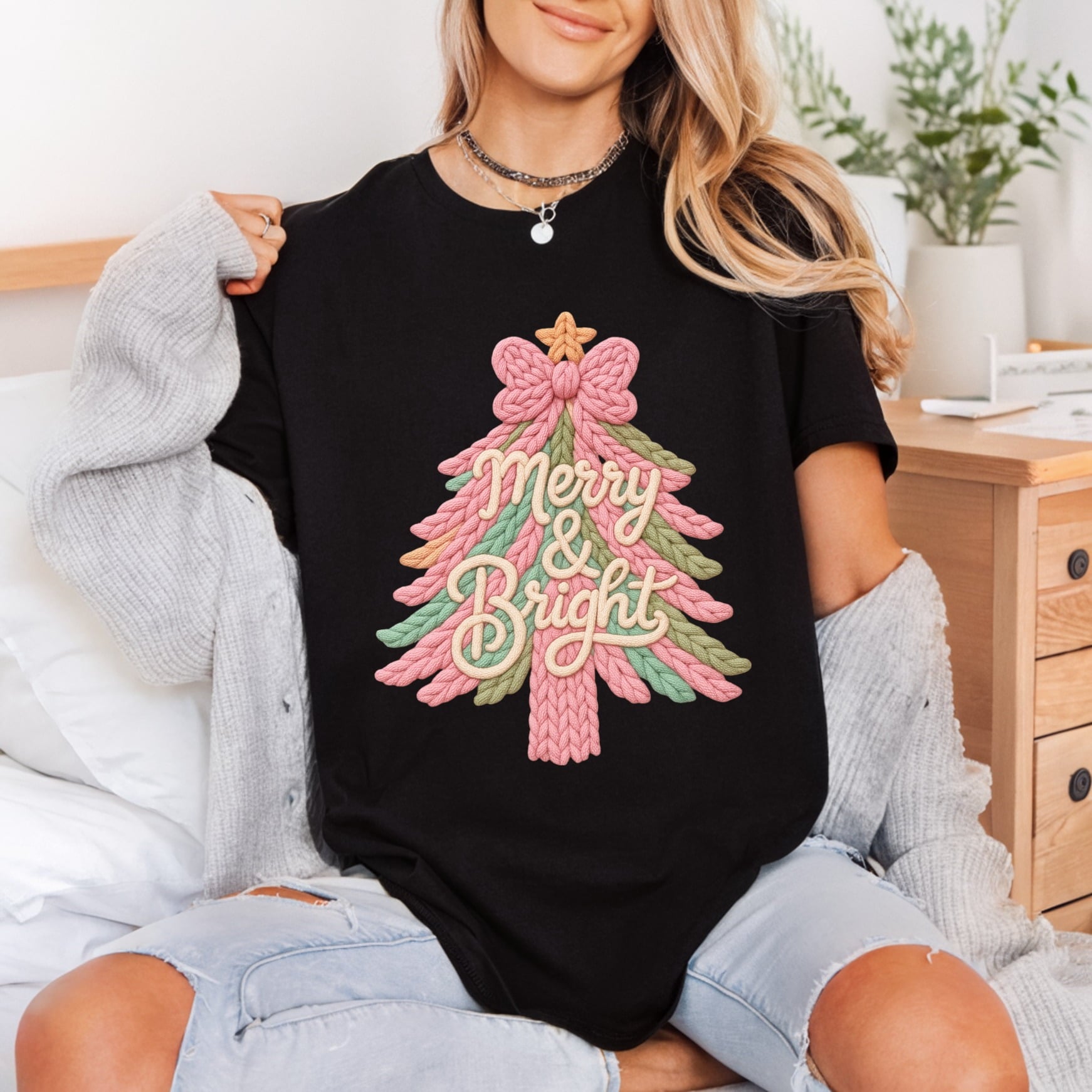 Merry Bright Knitted Christmas Christmas Ready to Press DTF Transfer for Dtf
