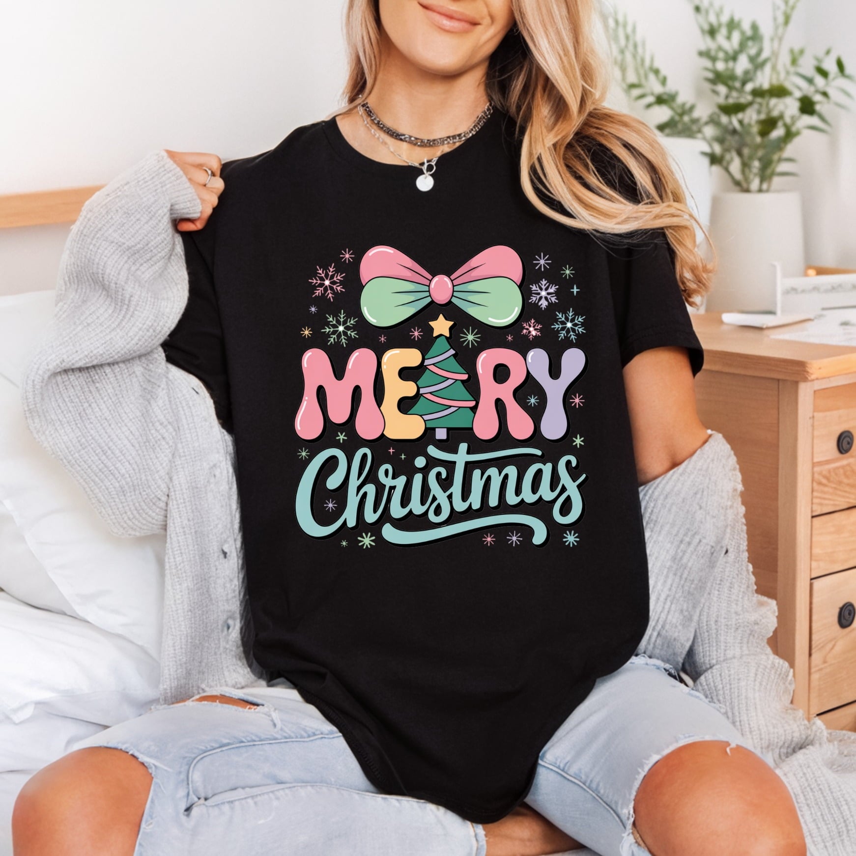 Merry Christmas Retro Bow Christmas Vintage Ready to Press DTF Transfer for Dtf