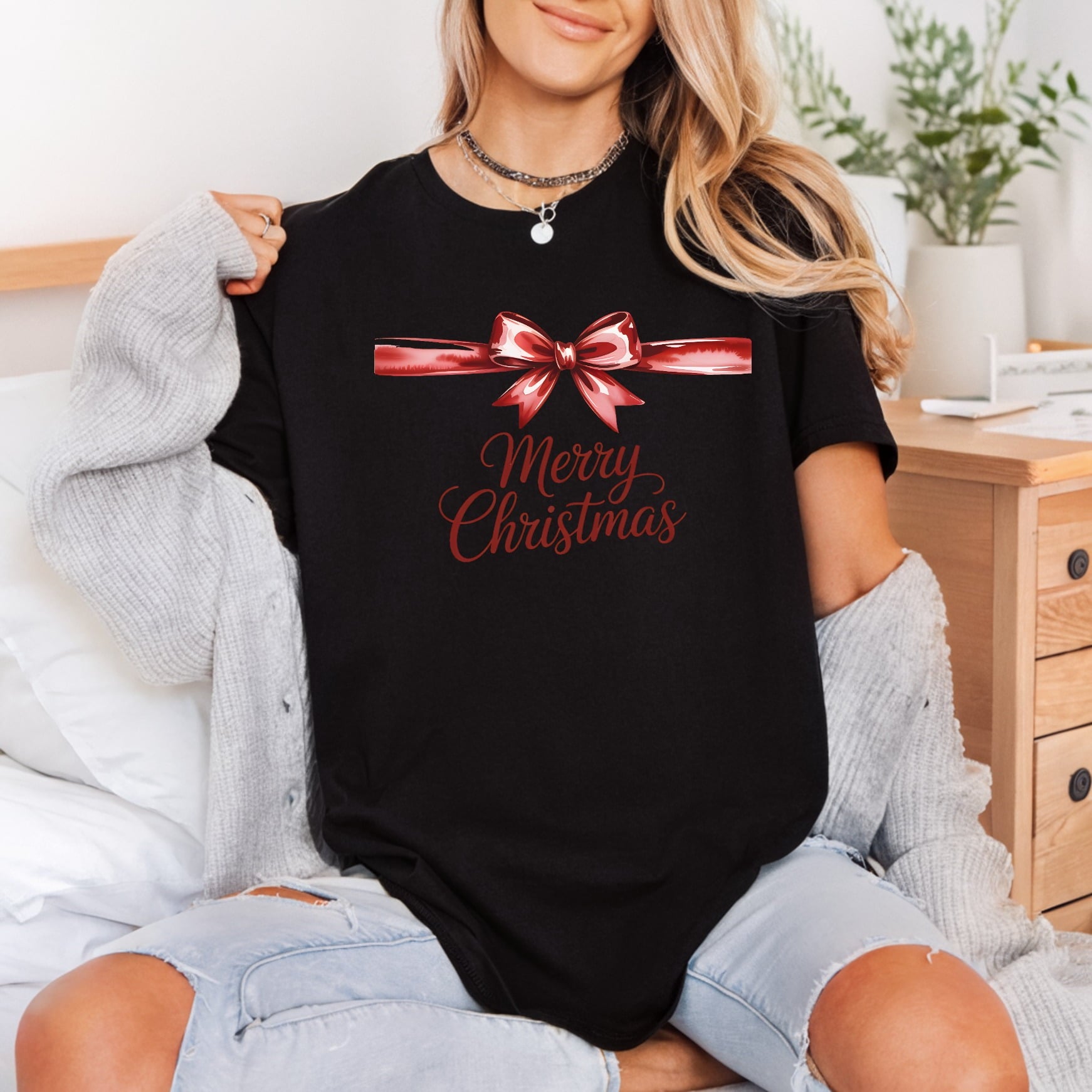 Merry Christmas Ribbon Bow Christmas Ready to Press DTF Transfer for Dtf