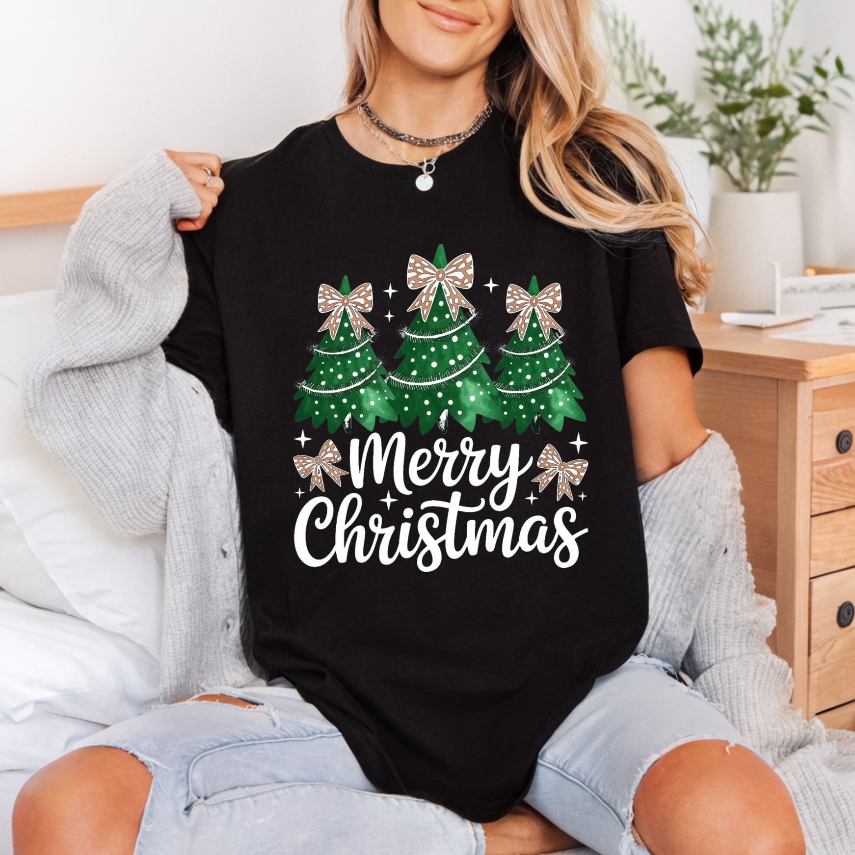 Merry Christmas Trees Bows Christmas Boho Ready to Press DTF Transfer for Dtf