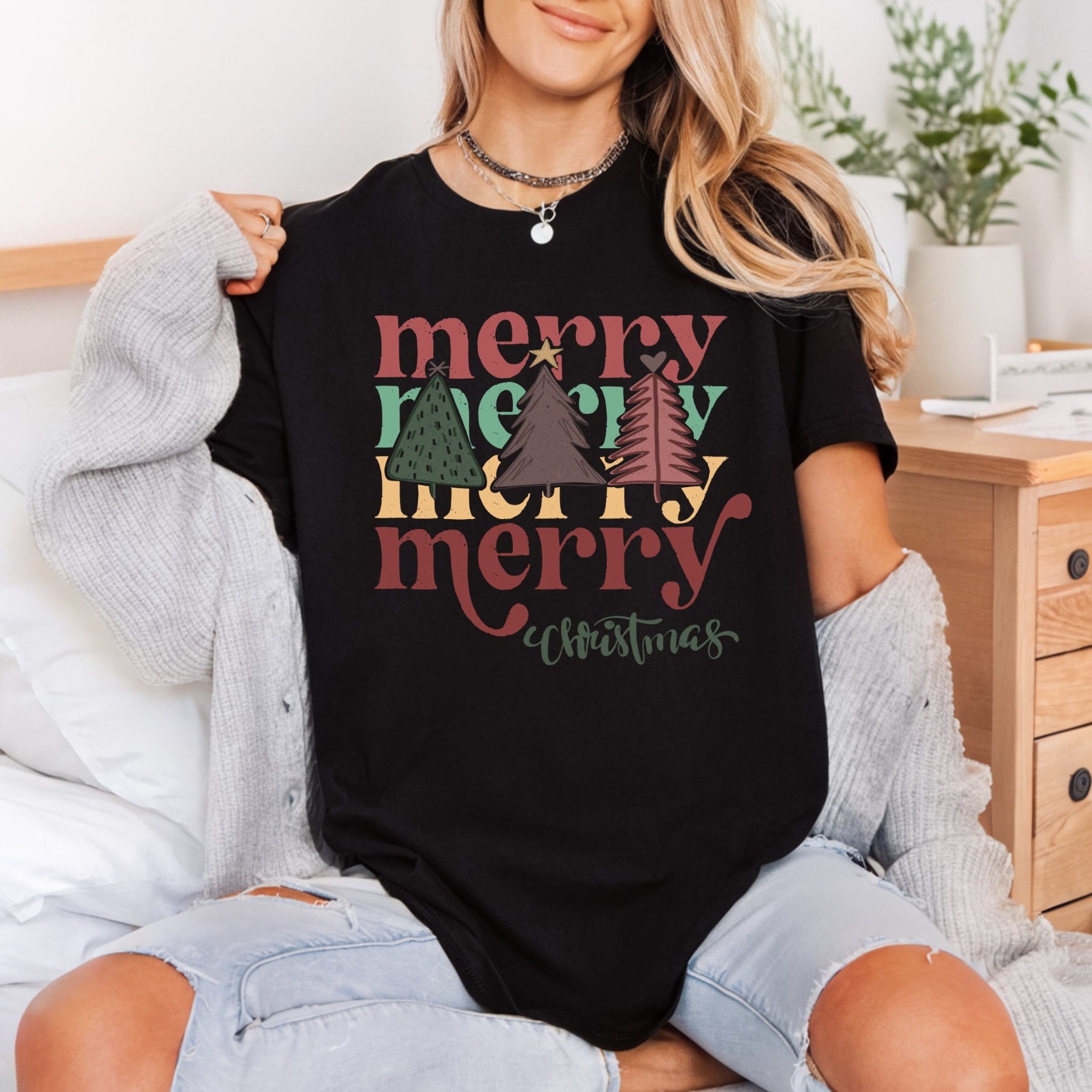 Merry Christmas Trees Retro Christmas Vintage Ready to Press DTF Transfer for Dtf