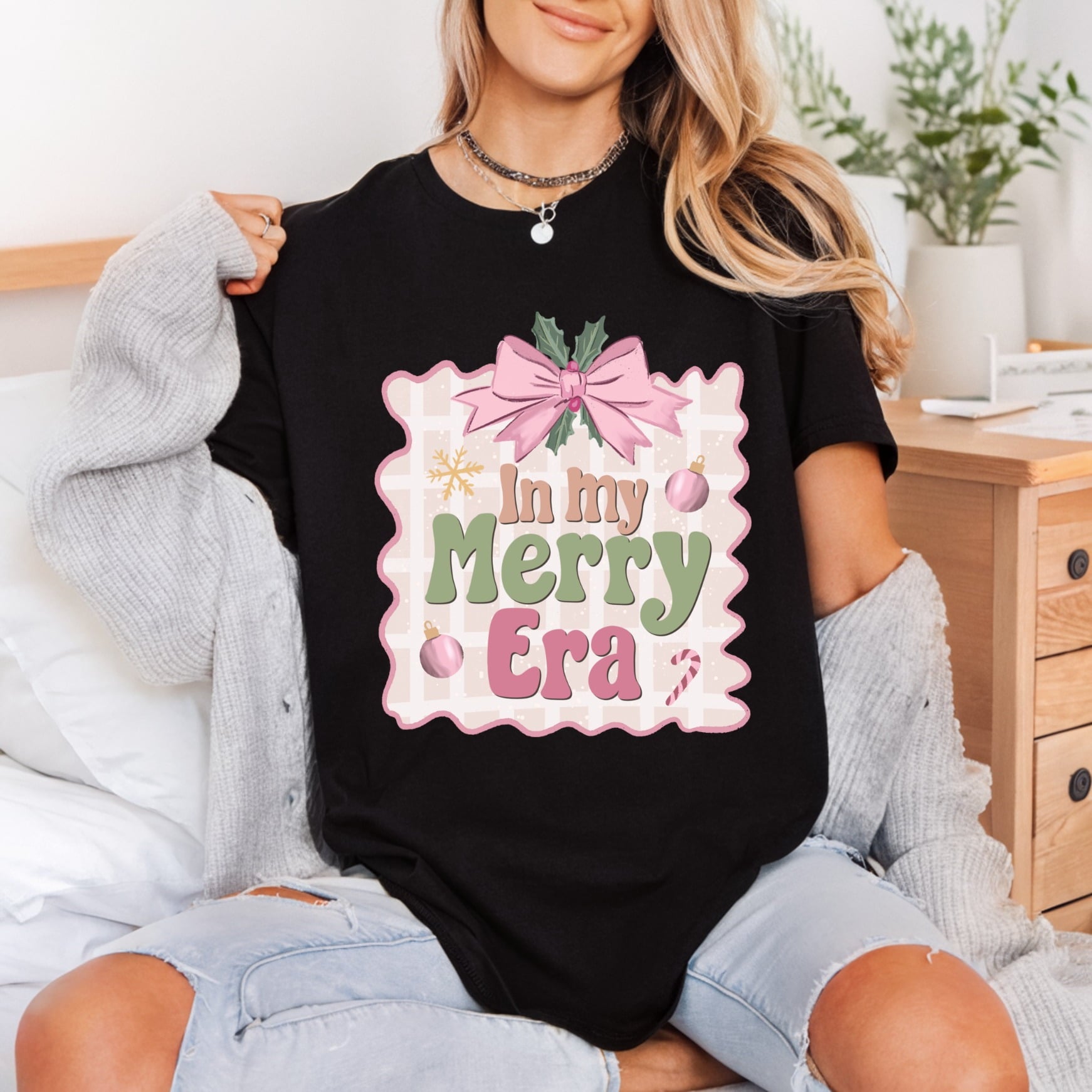 Merry Era Christmas Bow Christmas Vintage Ready to Press DTF Transfer for Dtf
