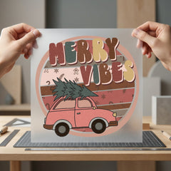 Merry Vibes Christmas Car Christmas Vintage Ready to Press DTF Transfer for Dtf