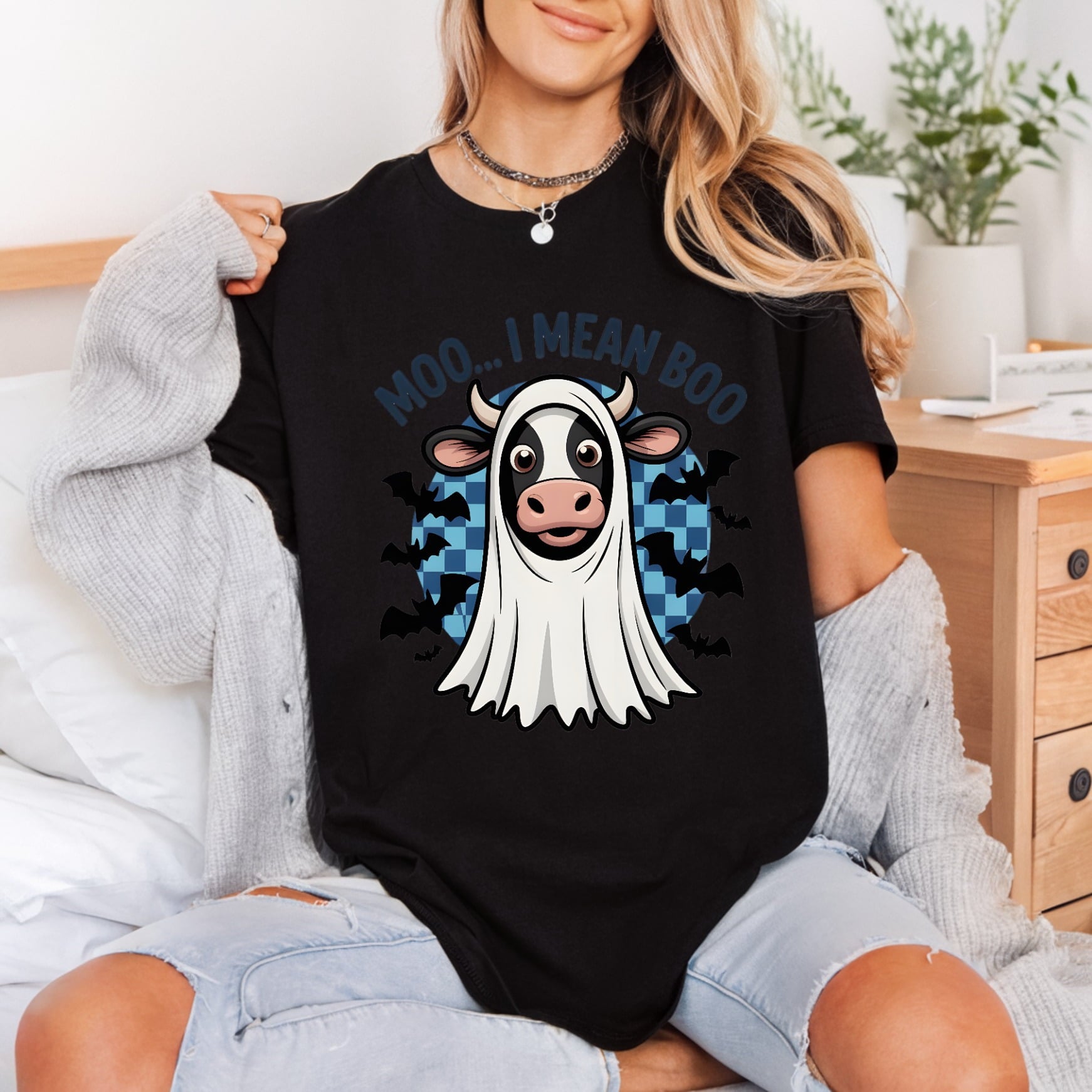 Moo Mean Boo Ghost Halloween Funny Ready to Press DTF Transfer for Dtf