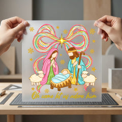 Nativity Scene Rainbow Ribbons Faith Christmas Ready to Press DTF Transfer for Dtf
