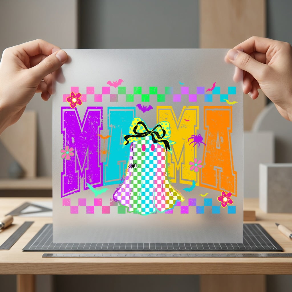 Neon Checkerboard Mama Ghost Halloween Mom Ready to Press DTF Transfer for Dtf