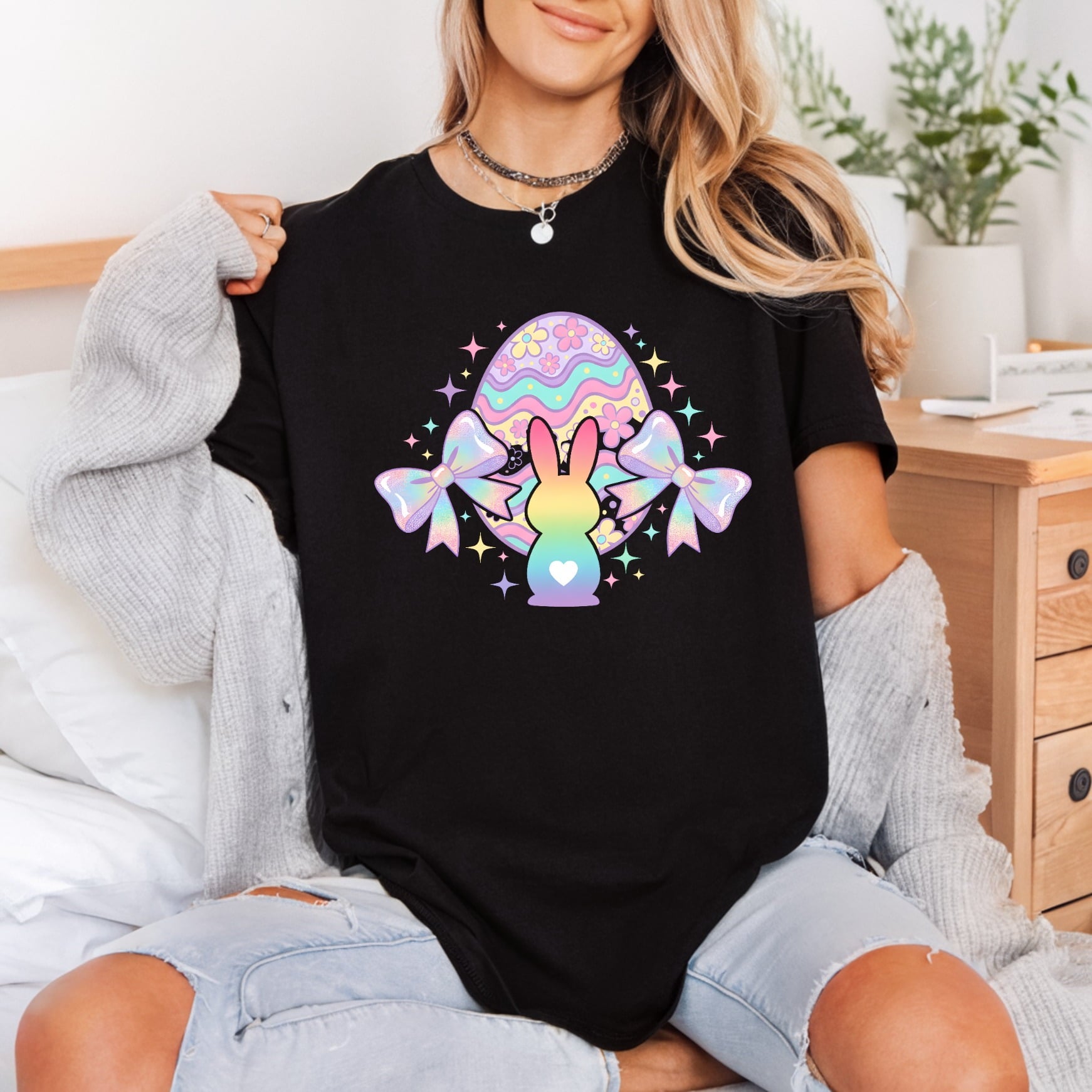 Pastel Rainbow Bunny Egg Easter Spring Ready to Press DTF Transfer for Dtf