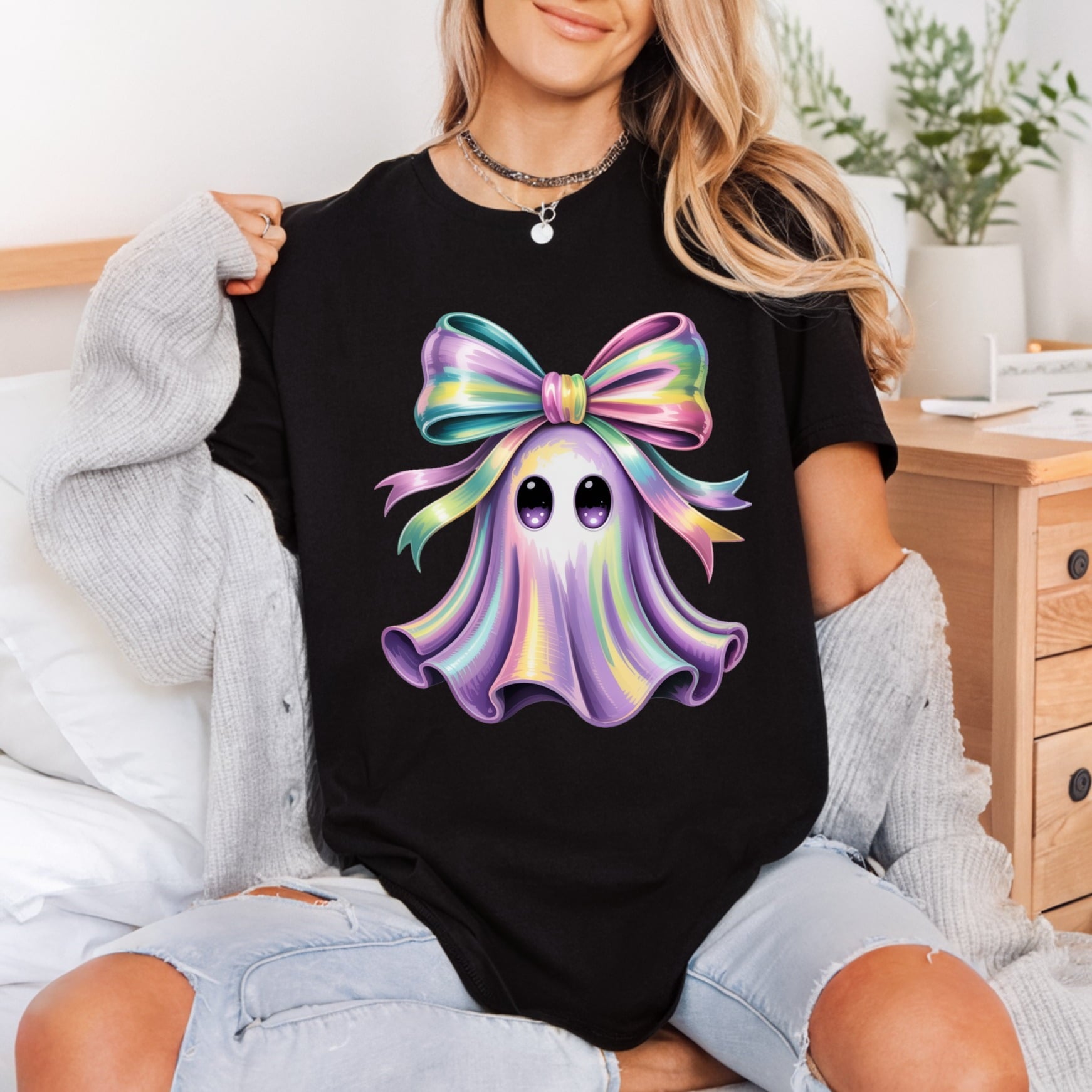 Pastel Rainbow Ghost Big Halloween Aesthetic Ready to Press DTF Transfer for Dtf