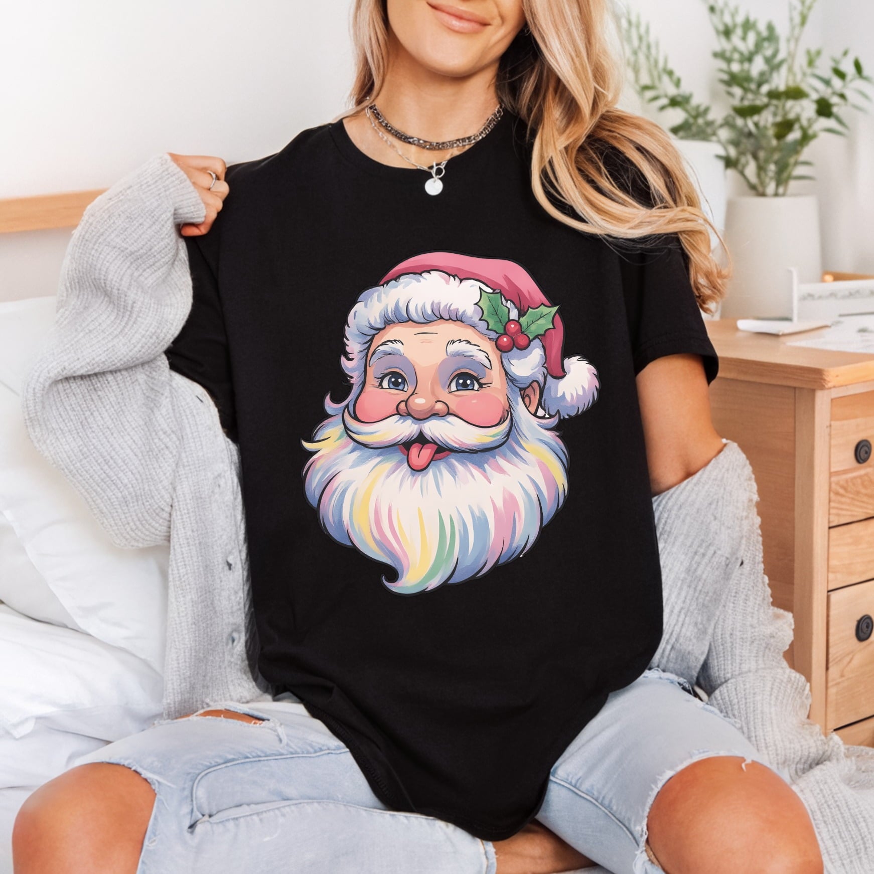 Pastel Santa Head Whimsical Christmas Funny Ready to Press DTF Transfer for Dtf
