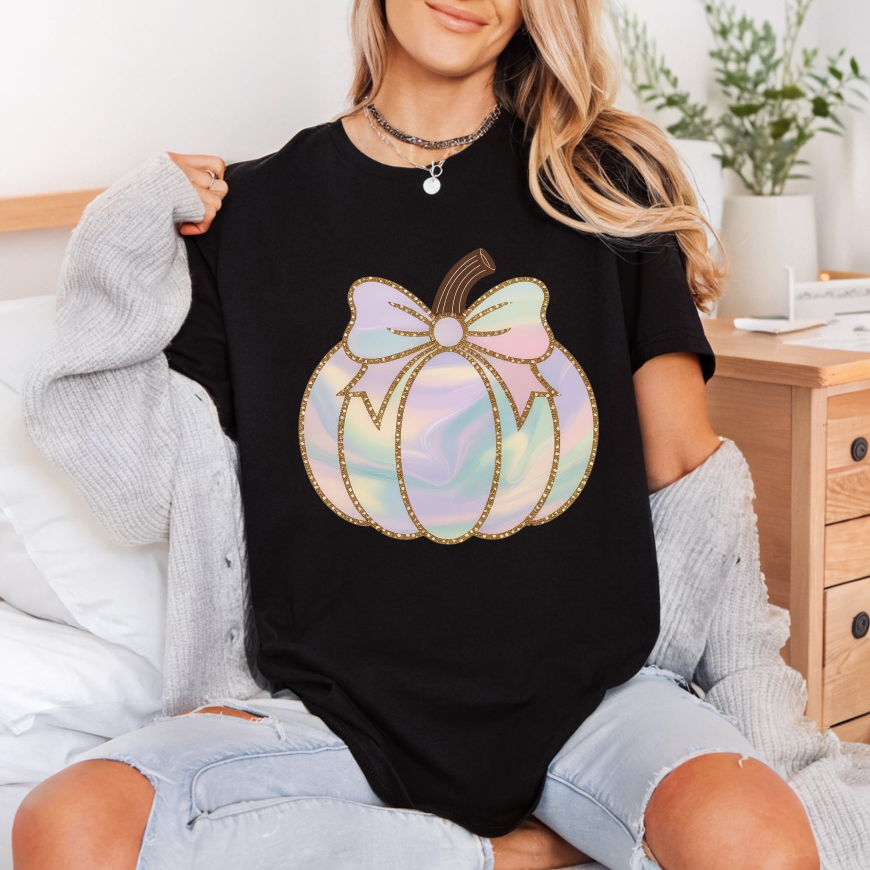 Pastel Swirl Pumpkin Bow Halloween Thanksgiving Ready to Press DTF Transfer for Dtf