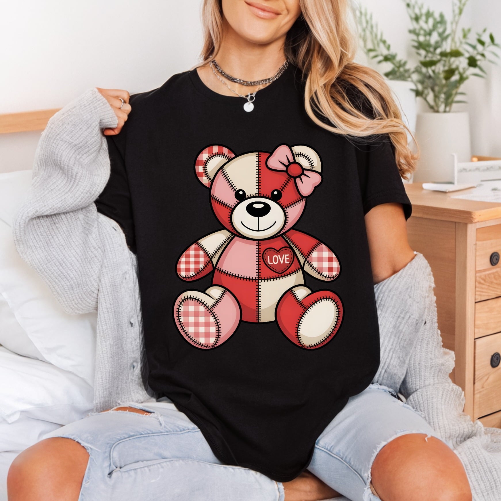 Patchwork Love Bear Valentine Valentine Ready to Press DTF Transfer for Dtf