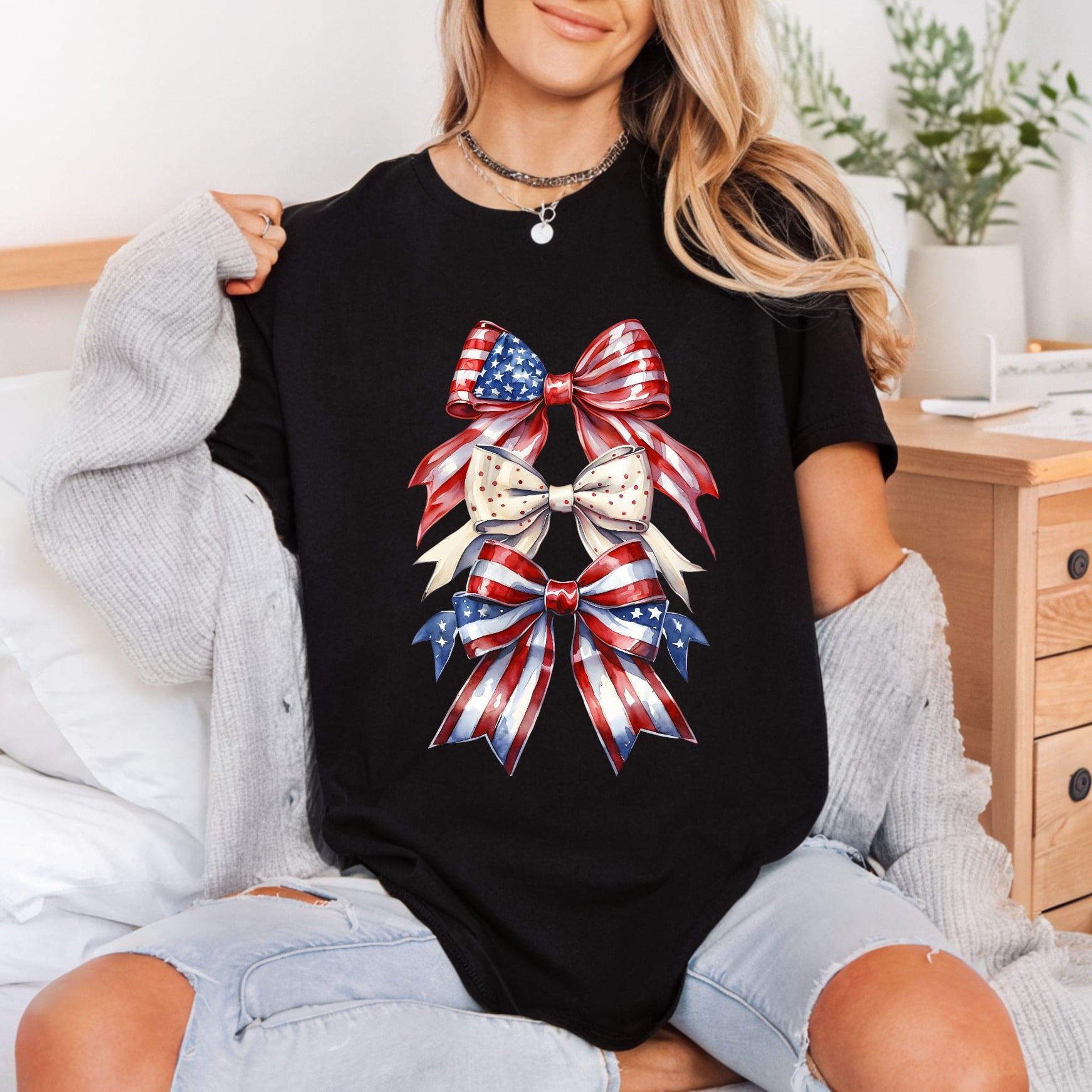 Patriotic Americana Bows Diy 4th Of July Patriotic Ready to Press DTF Transfer for Dtf