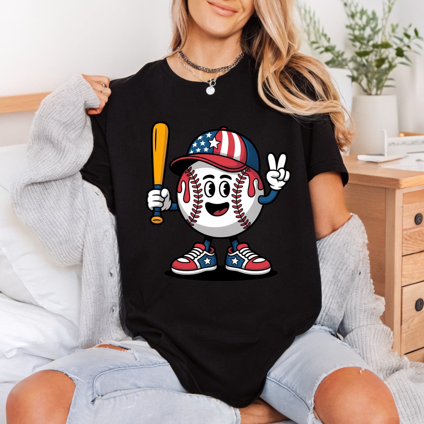 Patriotic Baseball Character Cartoon 4th Of July Patriotic Ready to Press DTF Transfer for Dtf