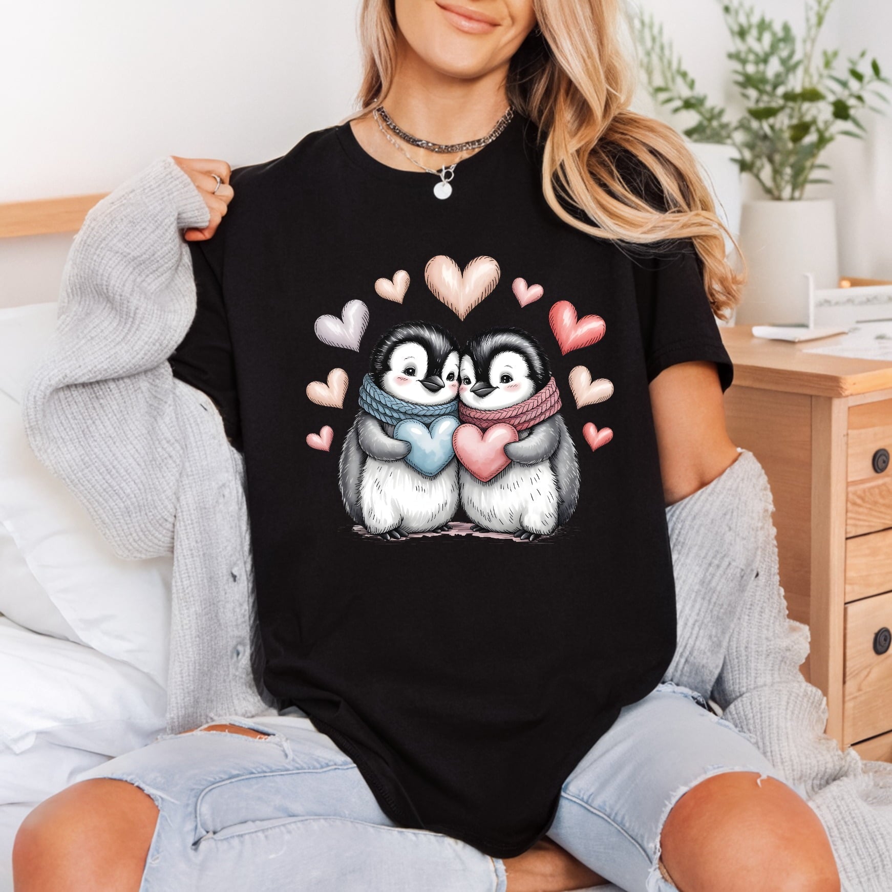Penguin Couple Love Heart Valentine Ready to Press DTF Transfer for Dtf