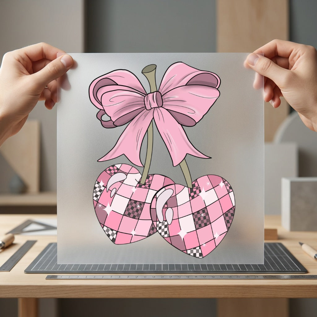 Pink Bow Checkerboard Hearts Valentine Retro Ready to Press DTF Transfer for Dtf