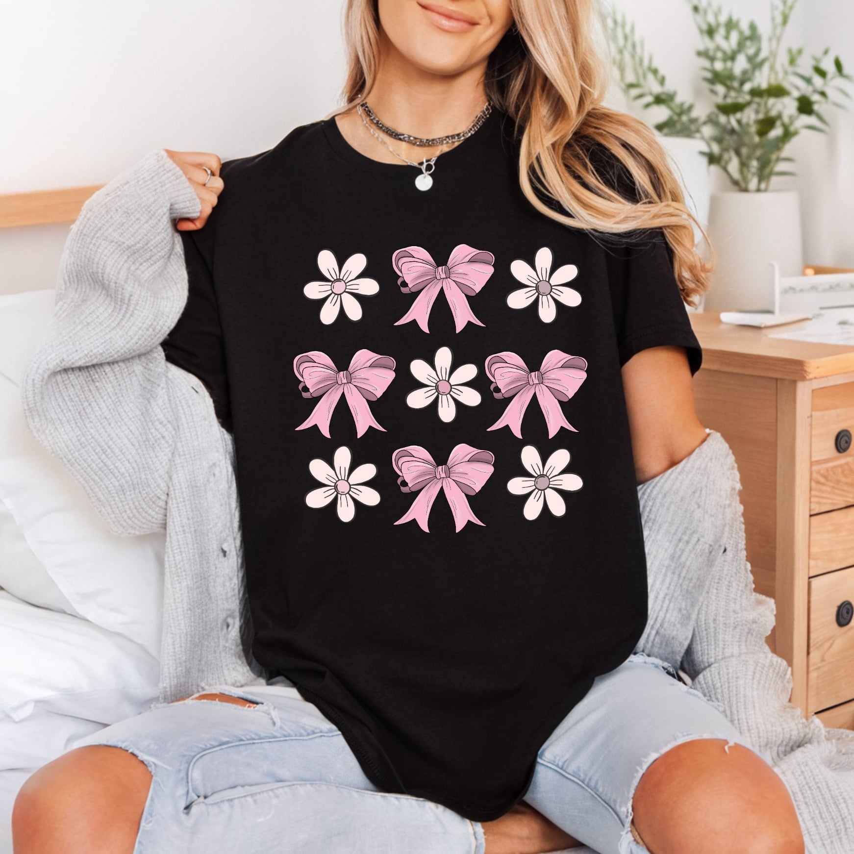 Pink Bow Daisy Kawaii Aesthetic Ready to Press DTF Transfer for Dtf