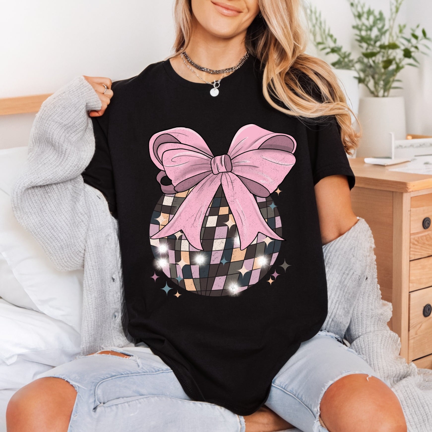 Pink Bow Disco Ball Retro Ready to Press DTF Transfer for Dtf