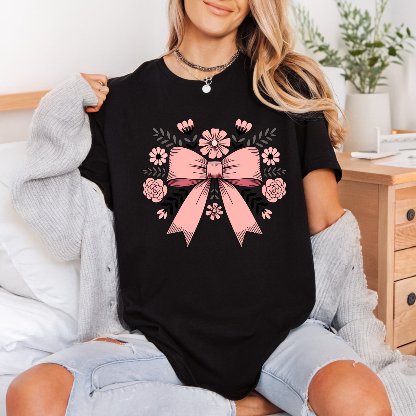 Pink Bow Floral Wreath Boho Aesthetic Ready to Press DTF Transfer for Dtf