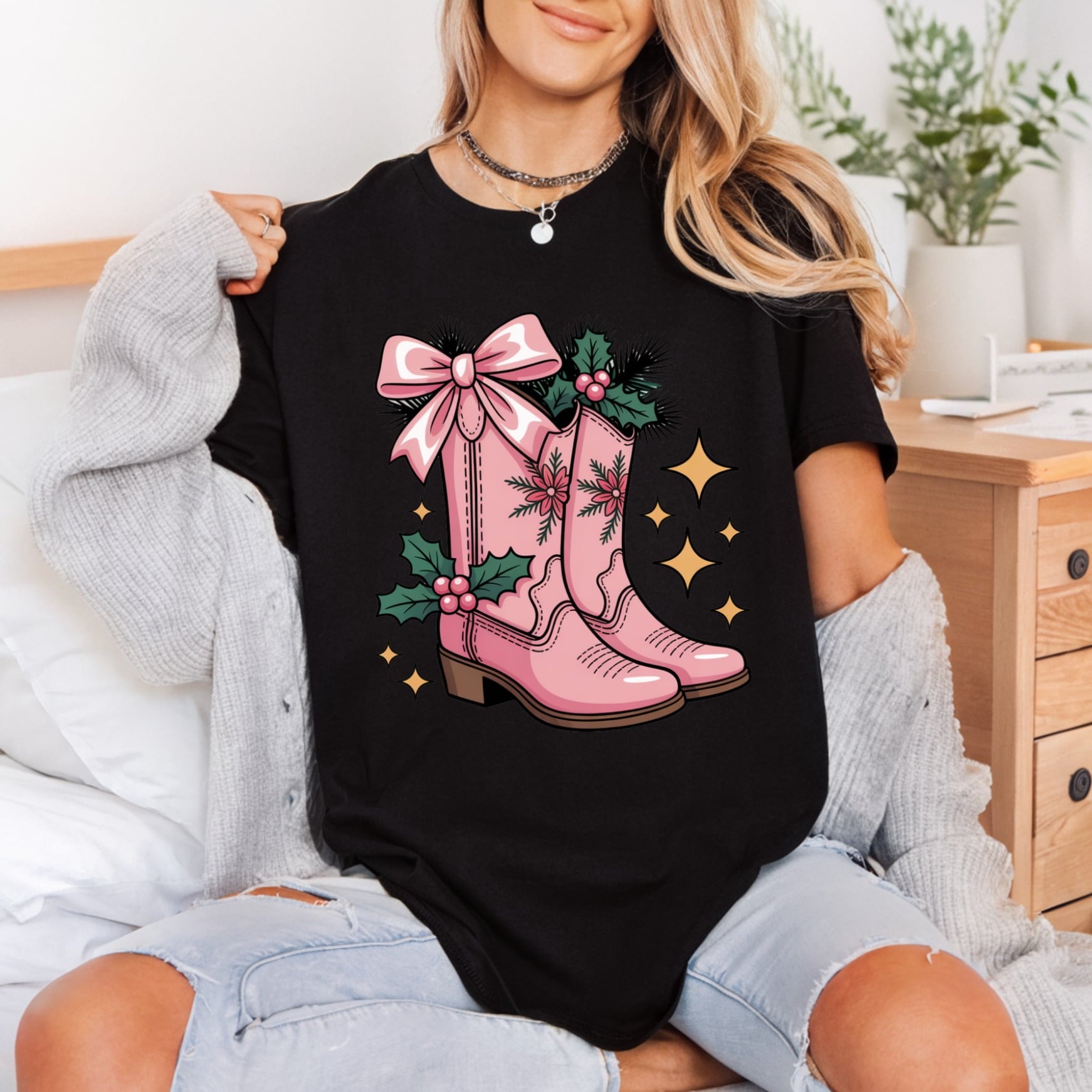Pink Christmas Cowboy Boots Usa Christmas Ready to Press DTF Transfer for Dtf