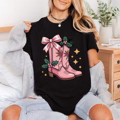 Pink Christmas Cowboy Boots Usa Christmas Ready to Press DTF Transfer for Dtf