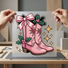 Pink Christmas Cowboy Boots Usa Christmas Ready to Press DTF Transfer for Dtf