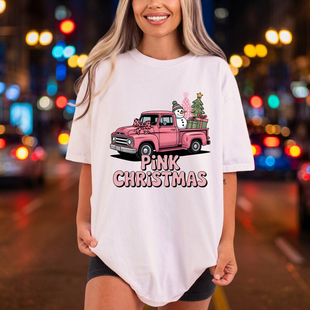 Pink Christmas Truck Snowman Christmas Vintage Ready to Press DTF Transfer for Dtf