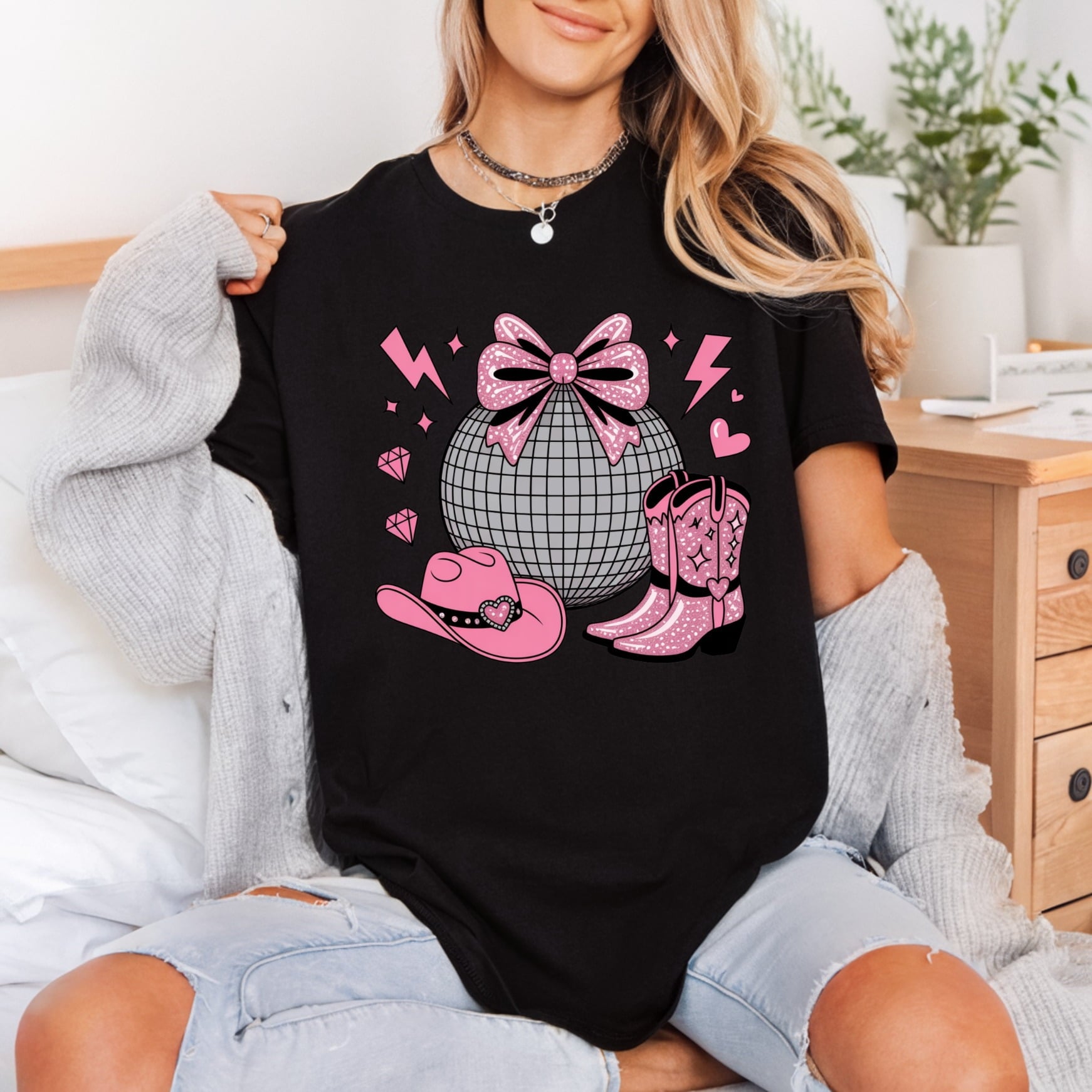 Pink Disco Cowgirl Retro Usa Retro Ready to Press DTF Transfer for Dtf