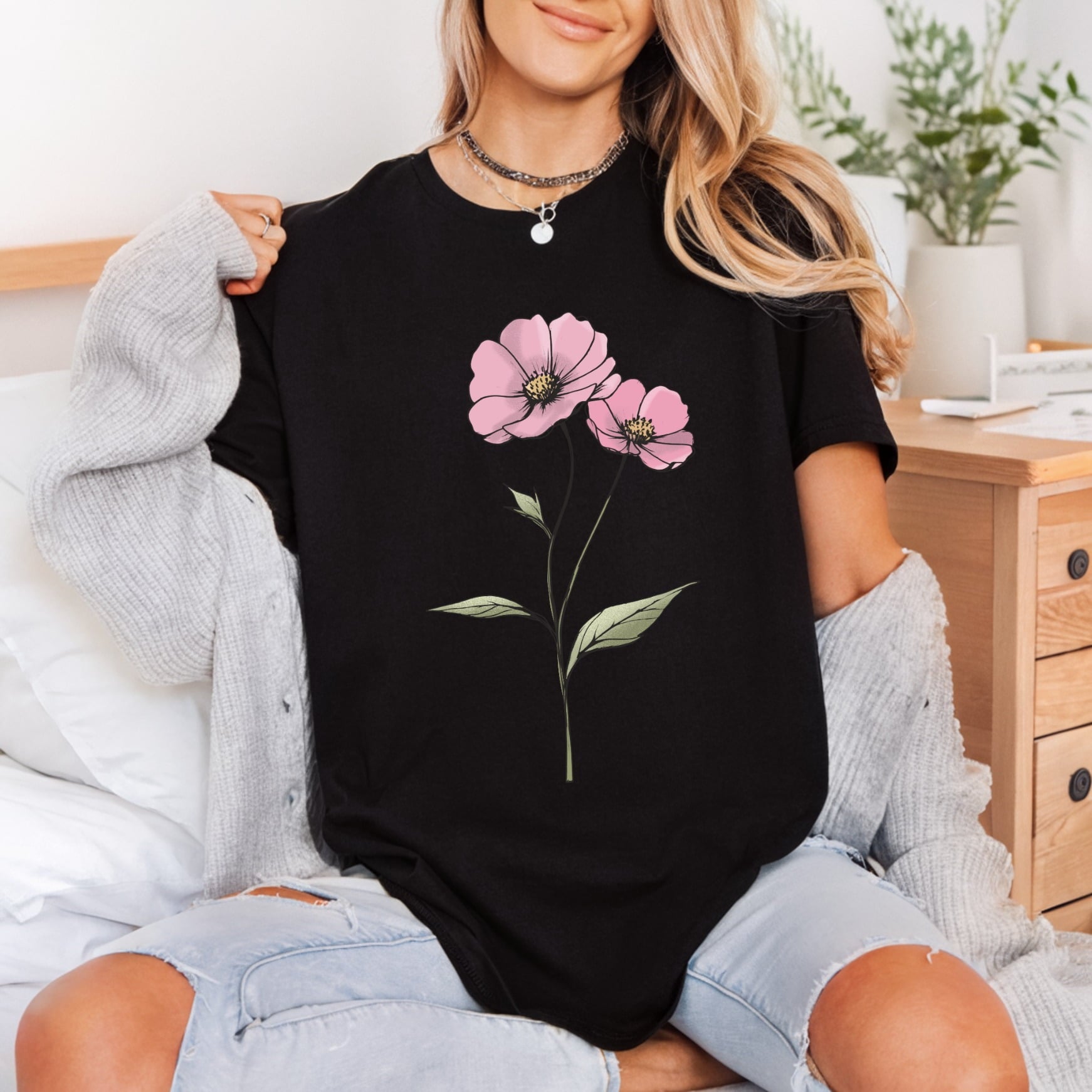 Pink Floral Cosmos Botanical Aesthetic Floral Ready to Press DTF Transfer for Dtf