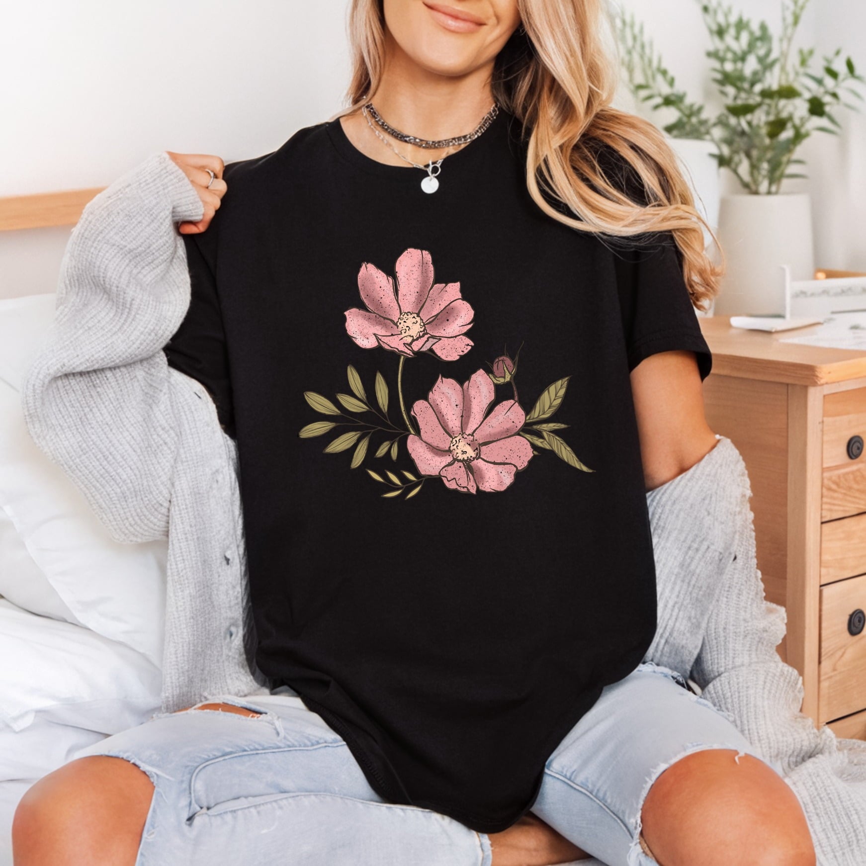 Pink Floral Cosmos Botanical Boho Aesthetic Ready to Press DTF Transfer for Dtf