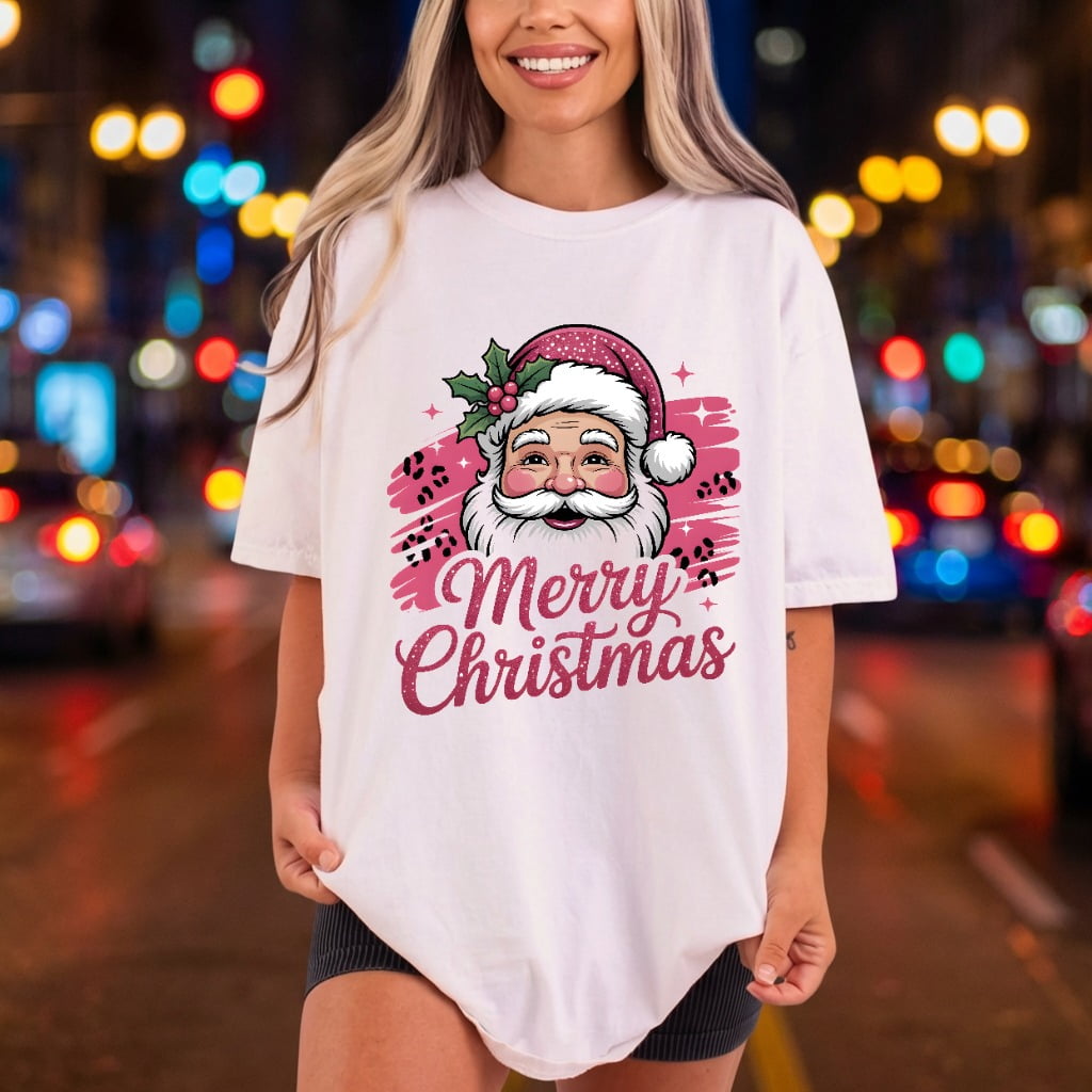 Pink Santa Leopard Christmas Christmas Retro Ready to Press DTF Transfer for Dtf