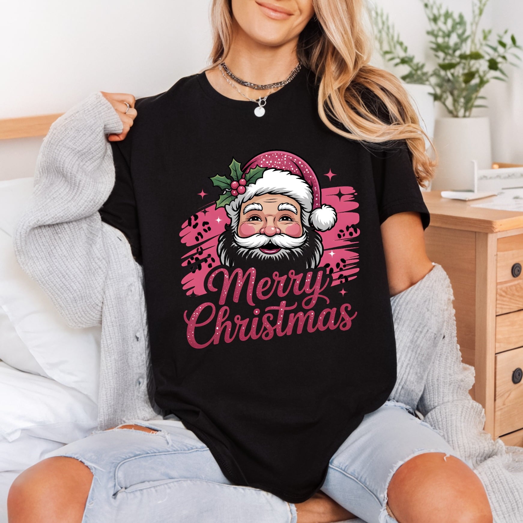 Pink Santa Leopard Christmas Christmas Retro Ready to Press DTF Transfer for Dtf