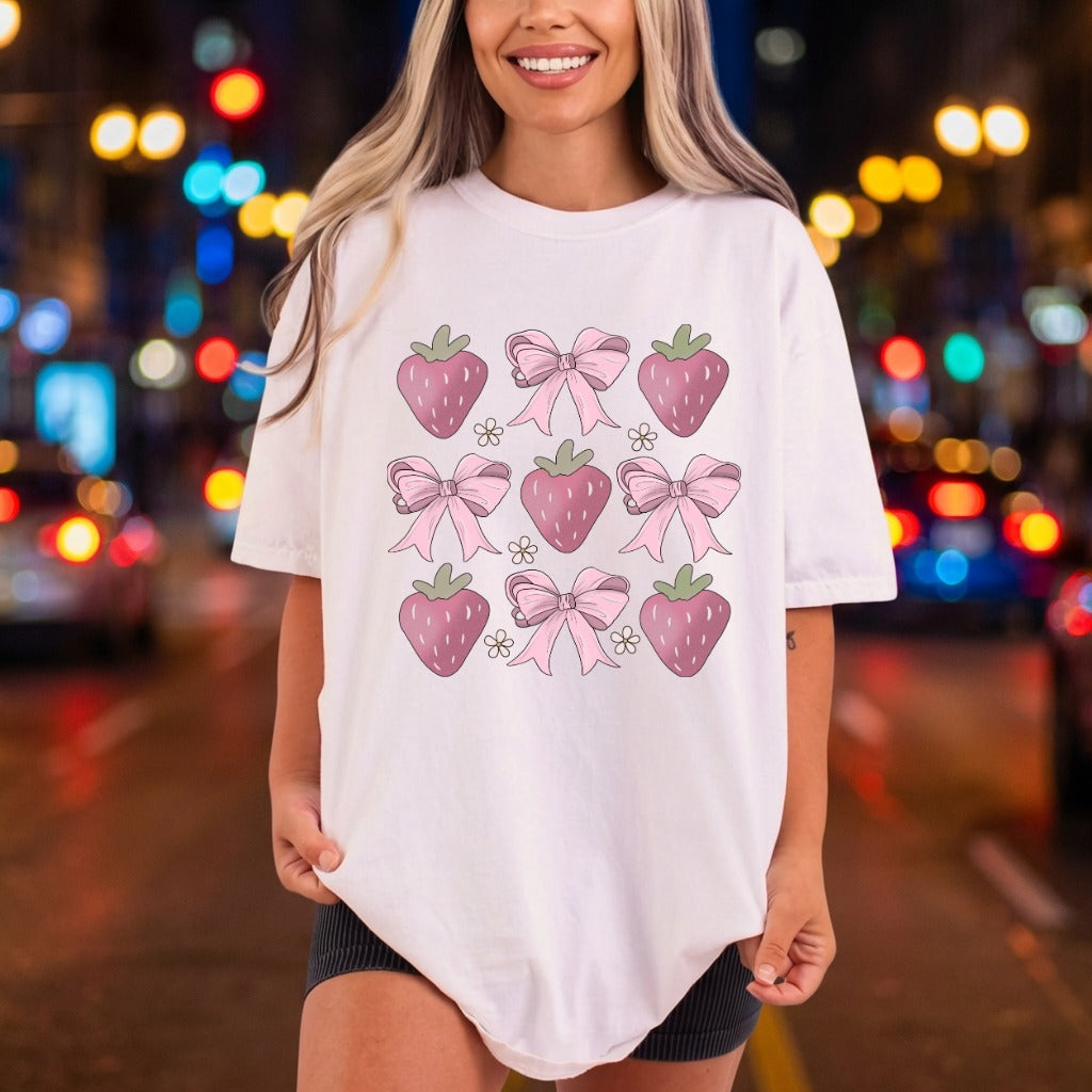 Pink Strawberries Bows Kawaii Aesthetic Ready to Press DTF Transfer for Dtf