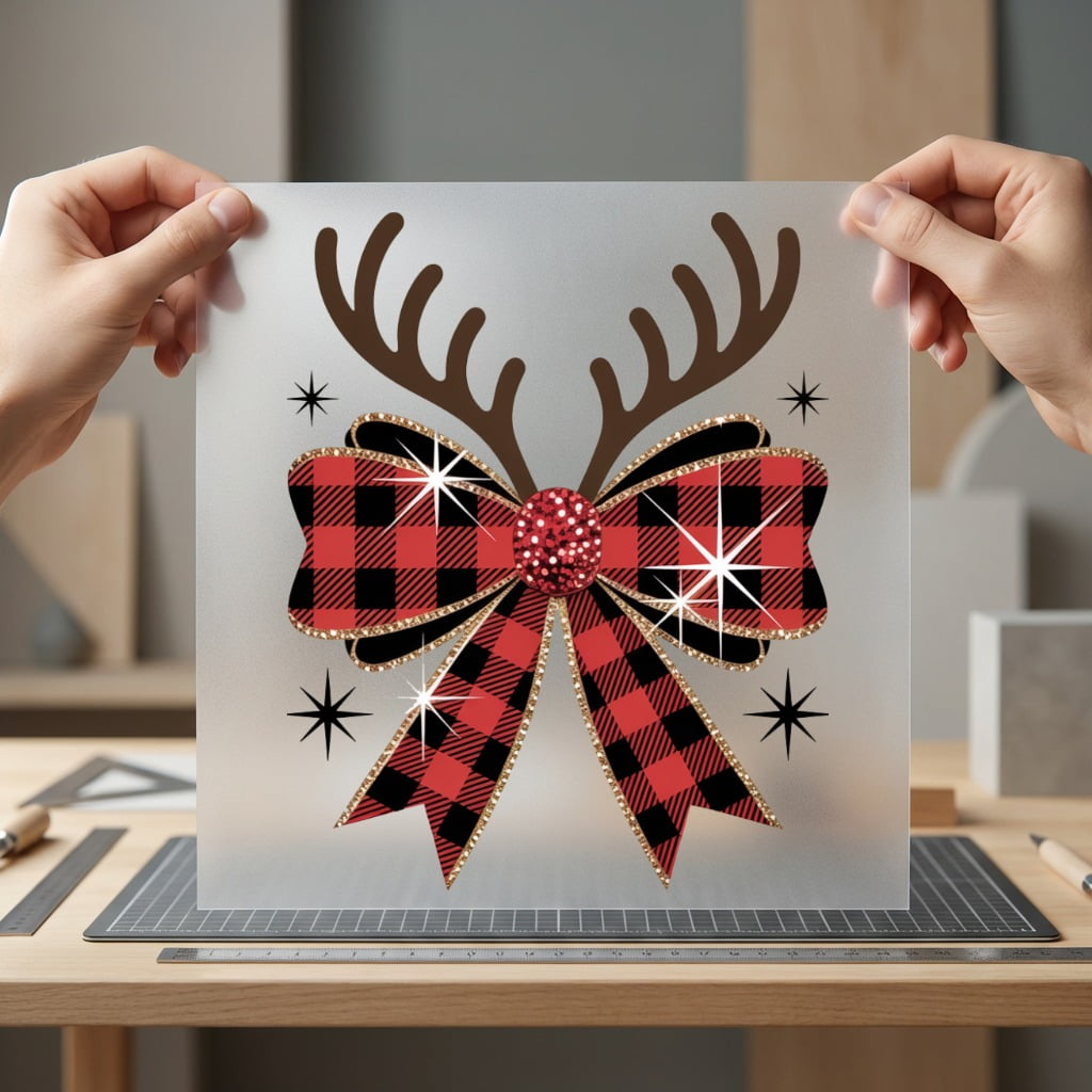 Plaid Bow Reindeer Antlers Christmas Ready to Press DTF Transfer for Dtf