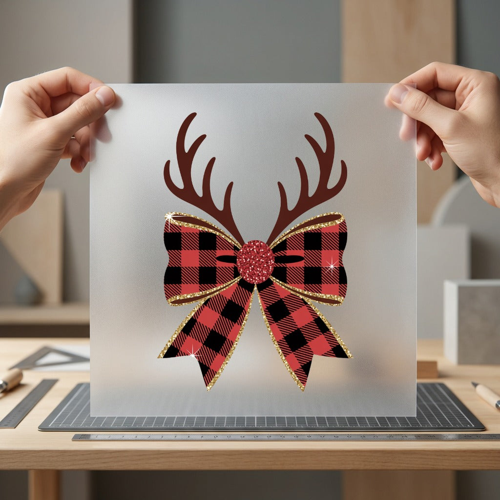 Plaid Reindeer Bow Christmas Christmas Ready to Press DTF Transfer for Dtf