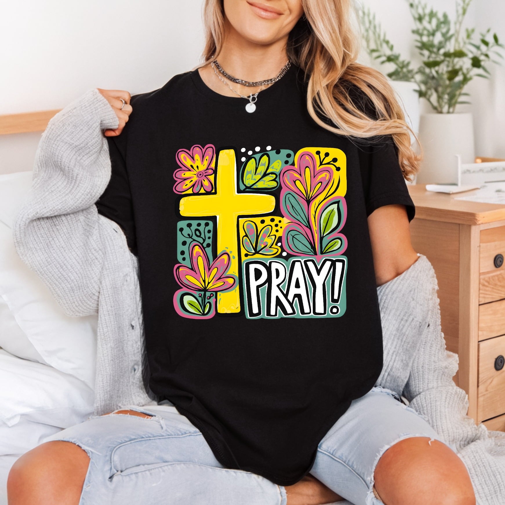 Pray Christian Cross Floral Christian Faith Ready to Press DTF Transfer for Dtf