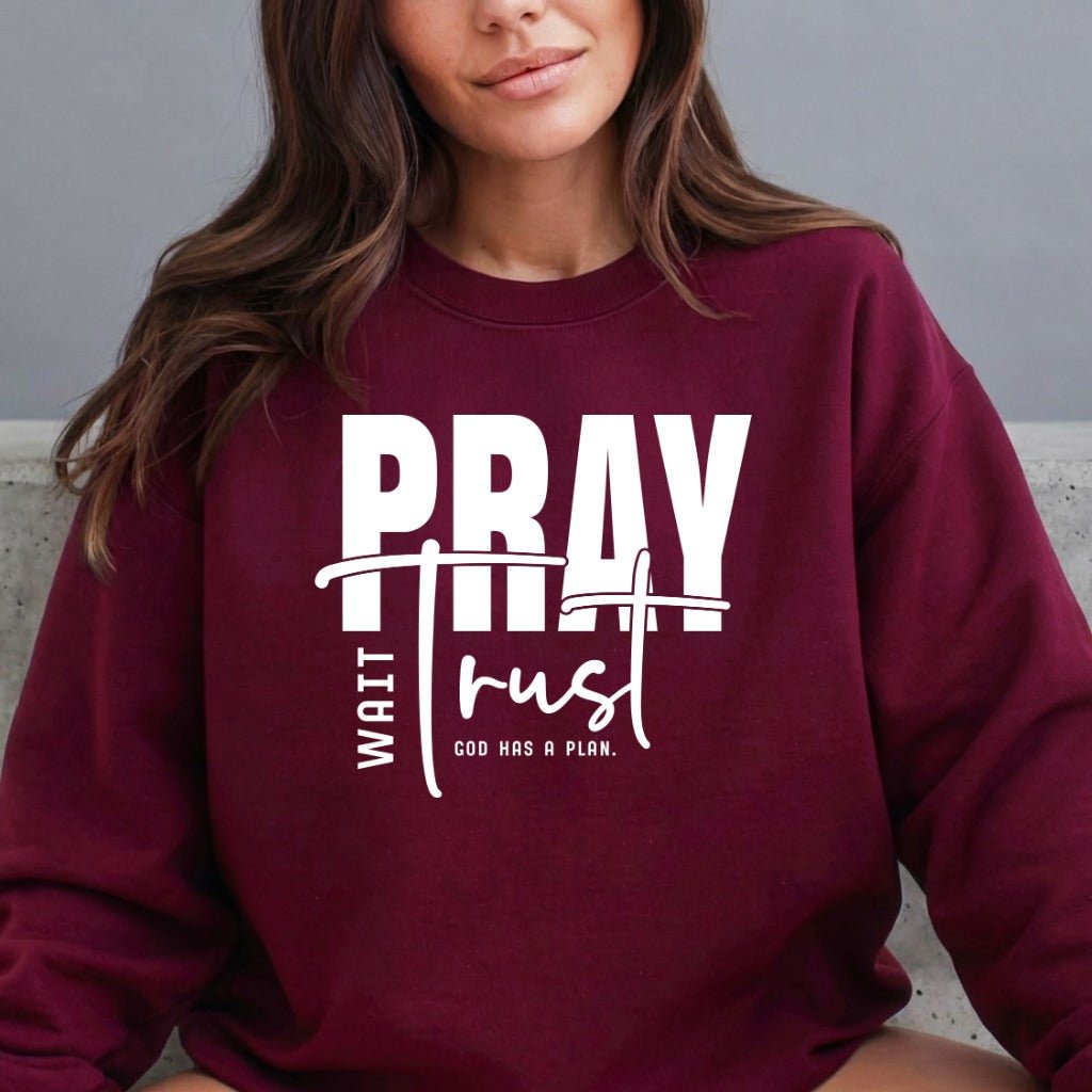 Pray Wait Trust | God's Plan Faith Sweatshirt - Luckets.com