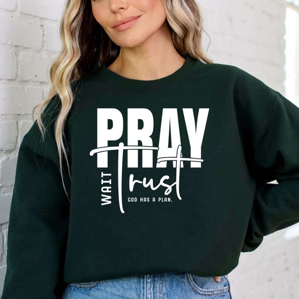 Pray Wait Trust | God's Plan Faith Sweatshirt - Luckets.com
