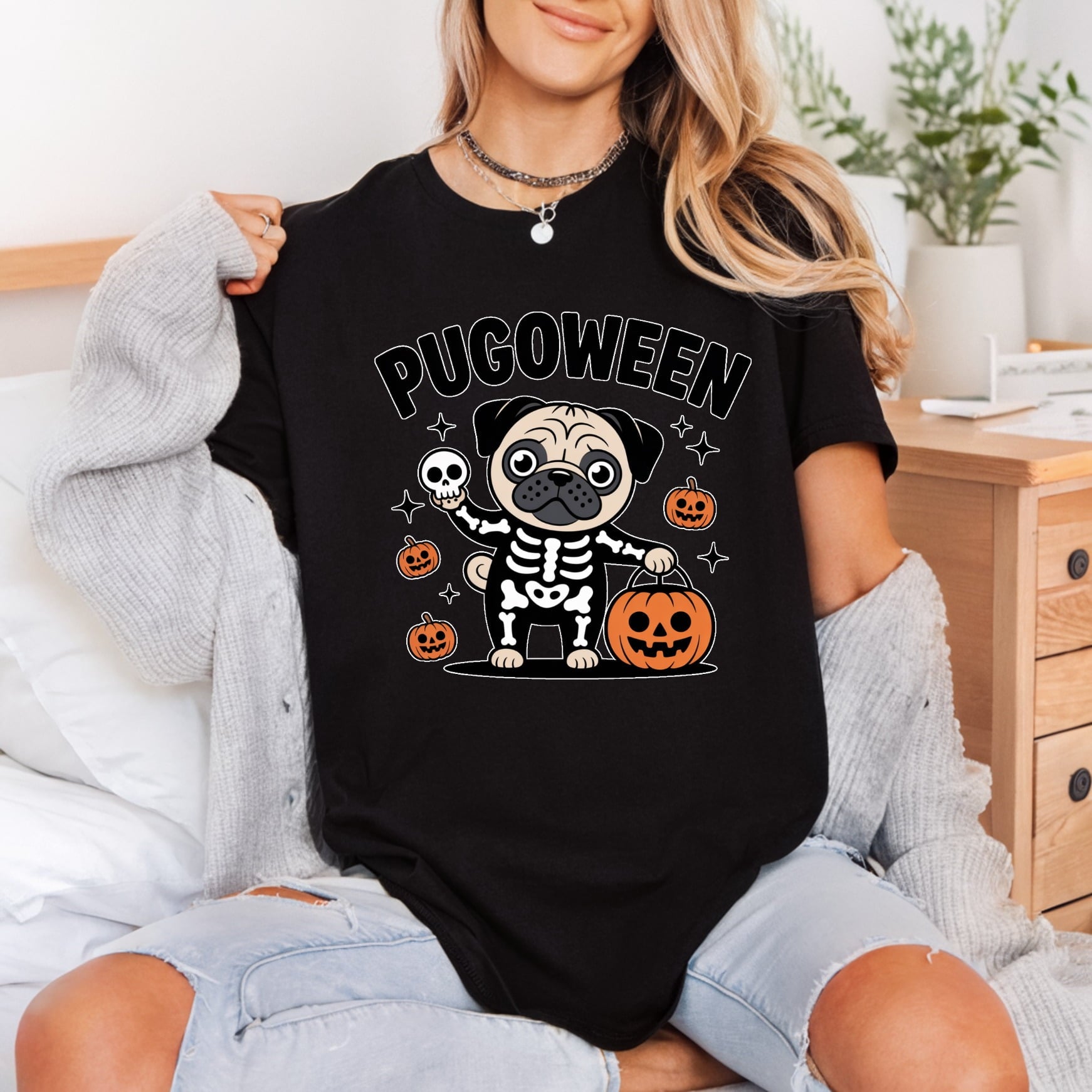 Pugoween Skeleton Pug Spooky Halloween Mom Ready to Press DTF Transfer for Dtf