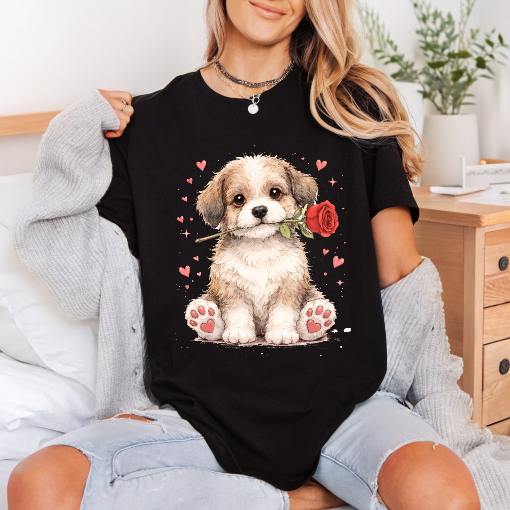 Puppy Rose Hearts Valentine Valentine Mom Ready to Press DTF Transfer for Dtf