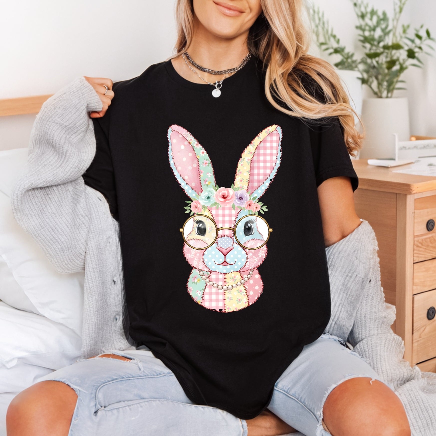 Quilted Bunny Glasses Patchwork Easter Grandma Ready to Press DTF Transfer for Dtf