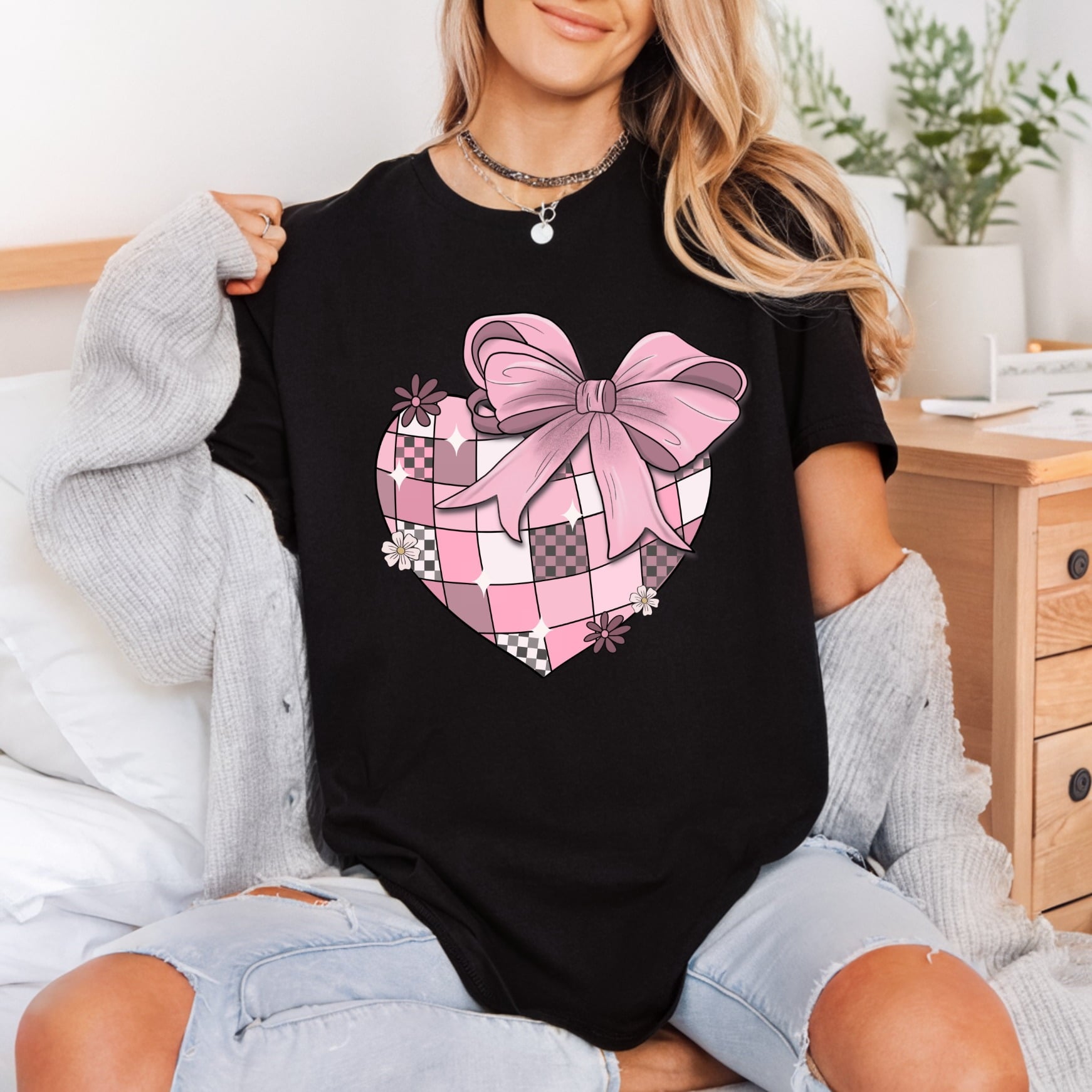 Quilted Heart Bow Romantic Valentine Retro Ready to Press DTF Transfer for Dtf