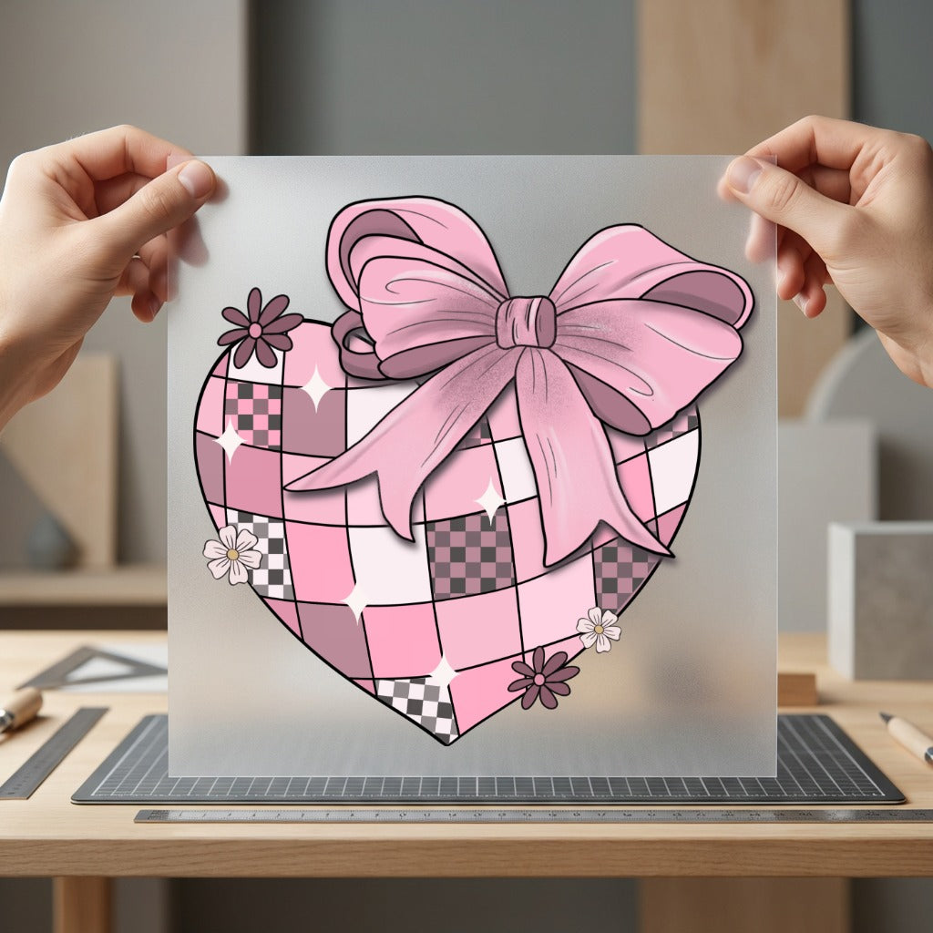 Quilted Heart Bow Romantic Valentine Retro Ready to Press DTF Transfer for Dtf