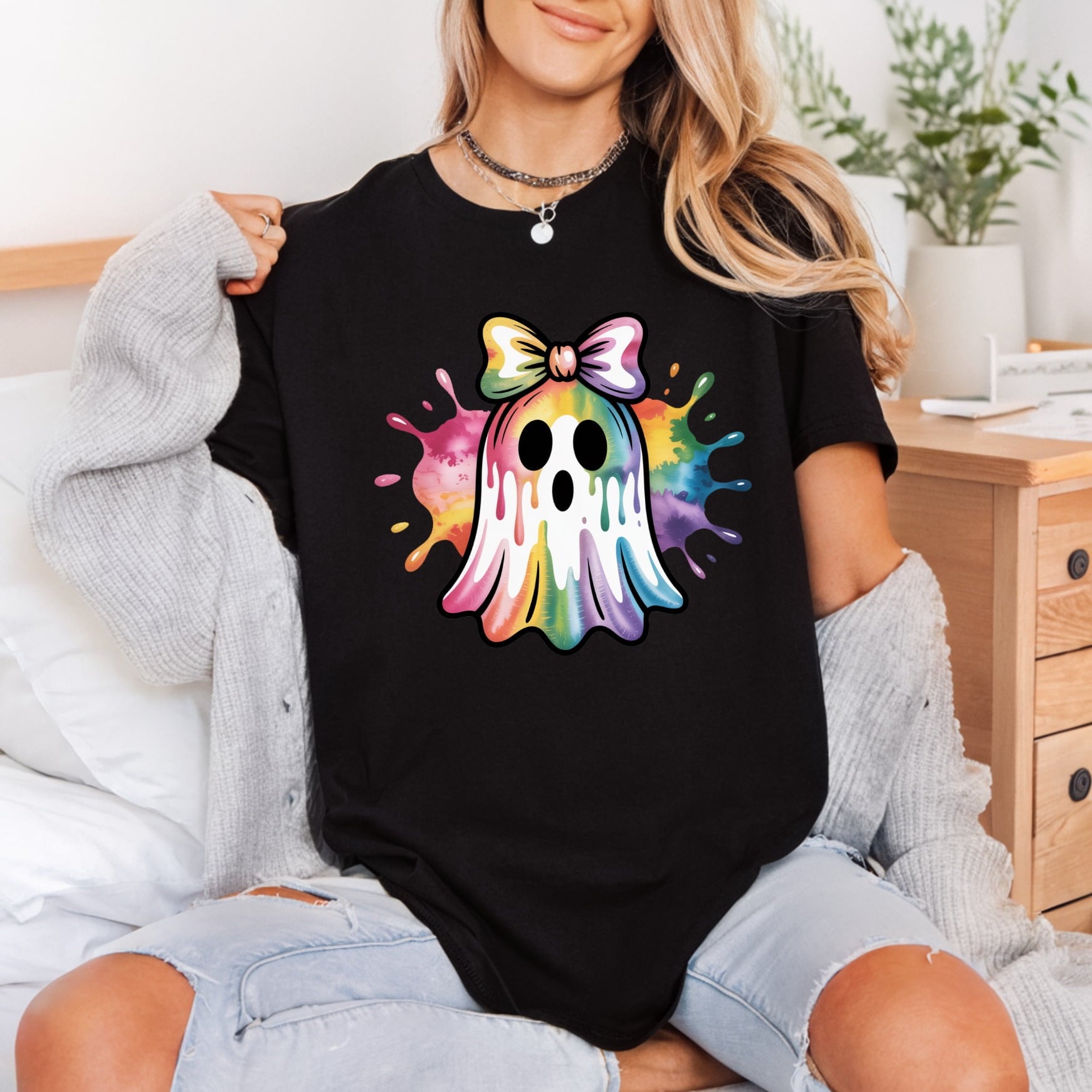 Rainbow Ghost Bow Spooky Halloween Aesthetic Ready to Press DTF Transfer for Dtf