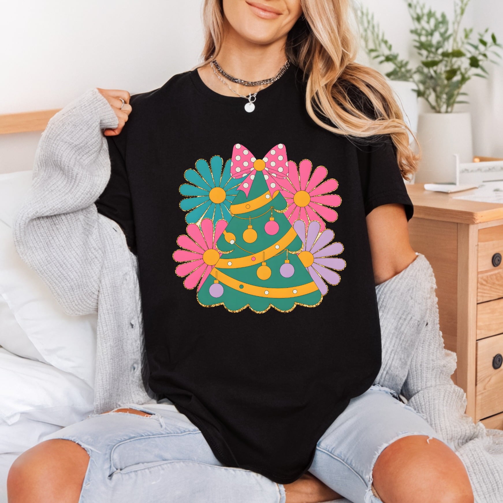 Retro Christmas Tree Flowers Christmas Retro Ready to Press DTF Transfer for Dtf