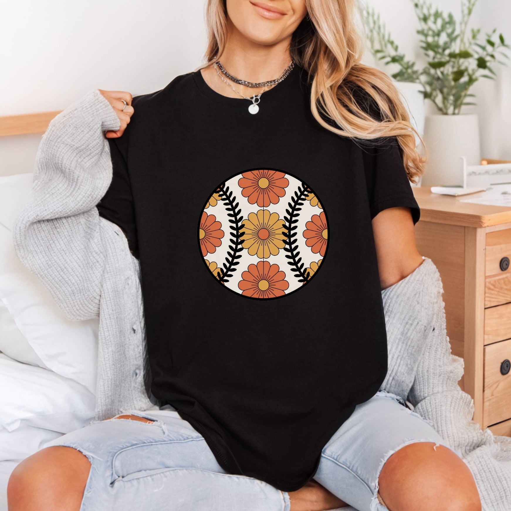 Retro Daisy Baseball Groovy Retro Floral Ready to Press DTF Transfer for Dtf