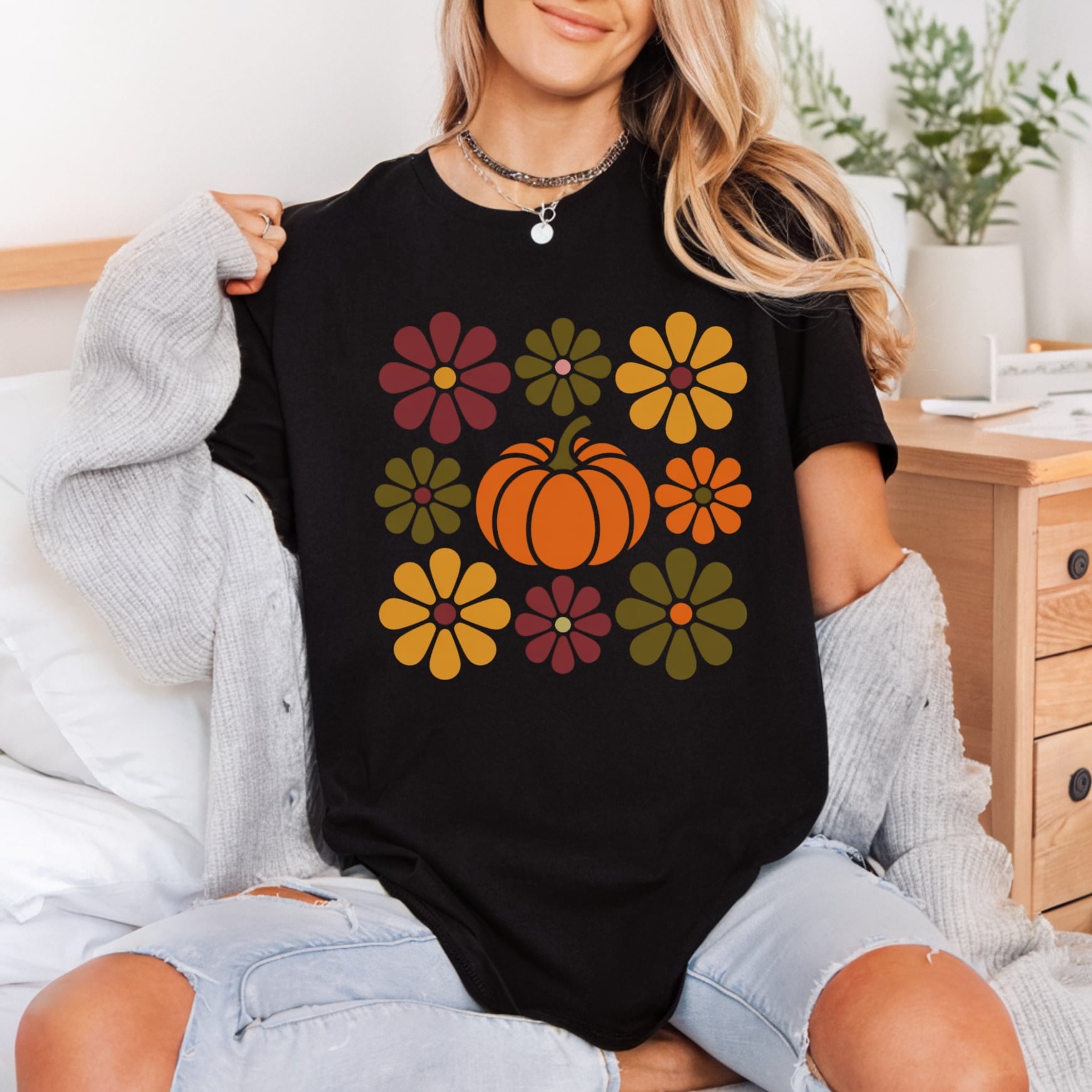 Retro Floral Pumpkin Autumn Halloween Thanksgiving Ready to Press DTF Transfer for Dtf