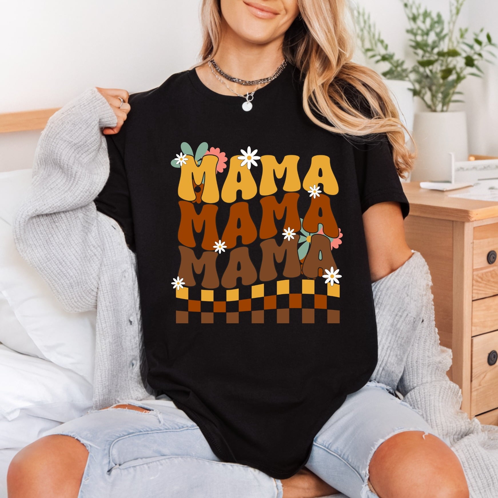 Retro Mama Daisy Checkerboard Mom Mama Ready to Press DTF Transfer for Dtf