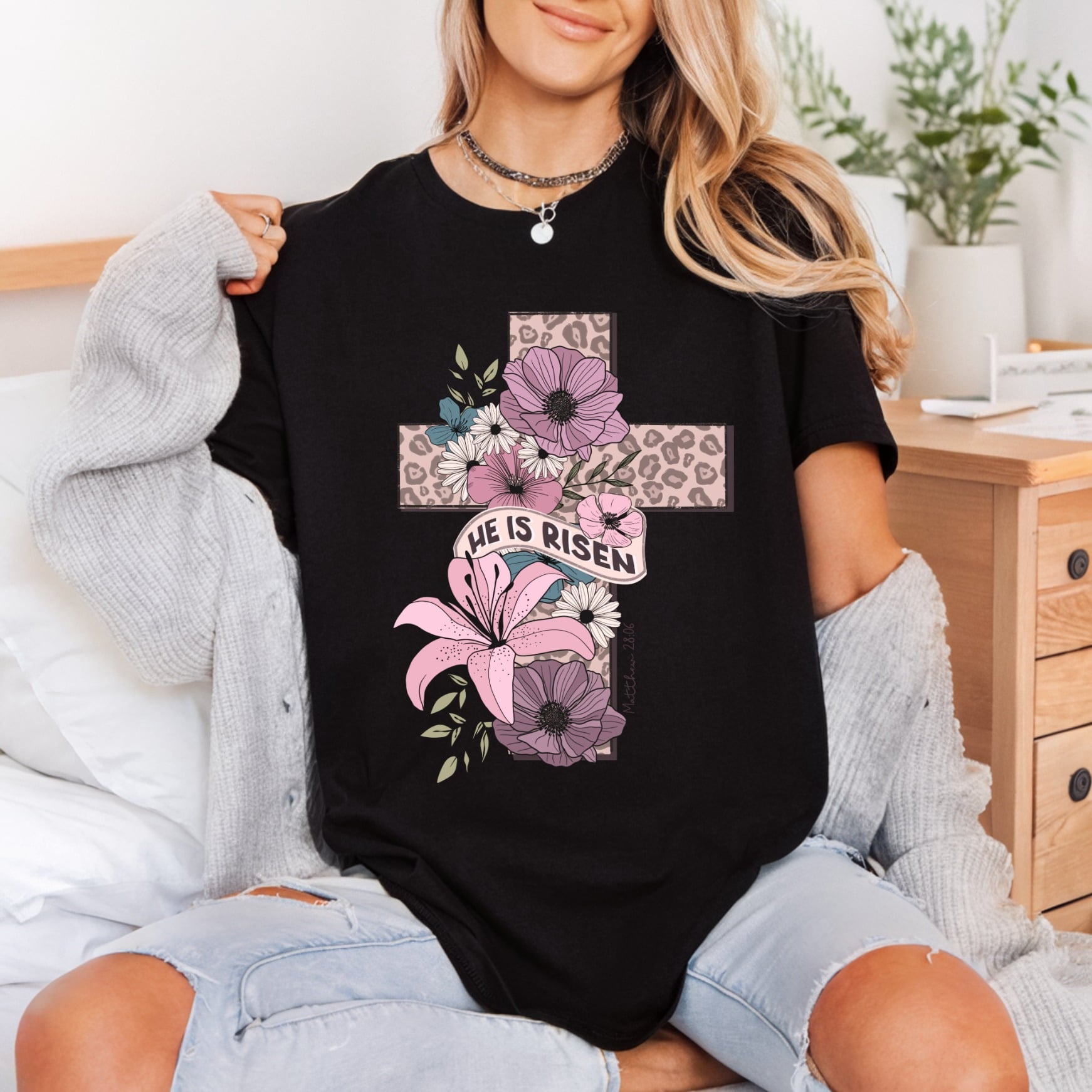 Risen Floral Cross Christian Christian Faith Ready to Press DTF Transfer for Dtf