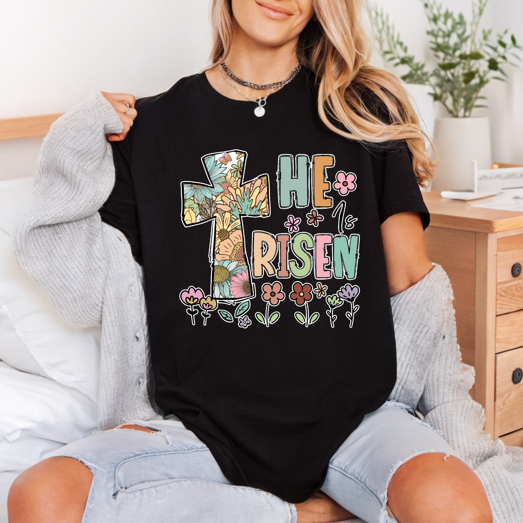 Risen Floral Cross Spring Christian Faith Ready to Press DTF Transfer for Dtf