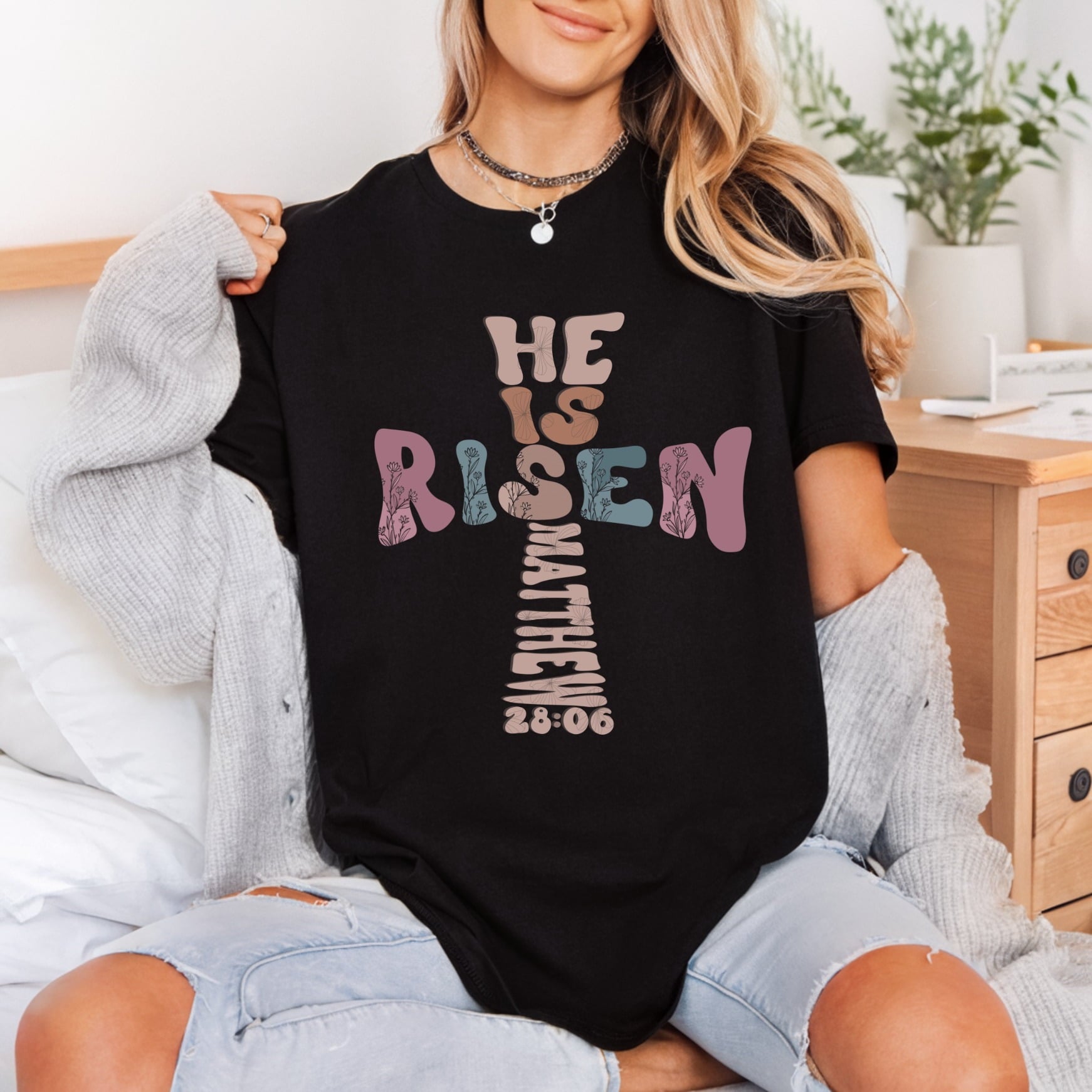 Risen Religious Cross Retro Christian Faith Ready to Press DTF Transfer for Dtf